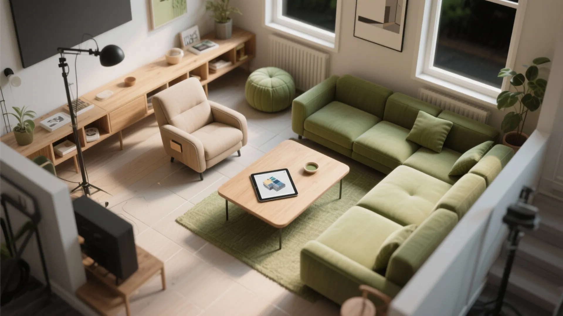 Top-down layout of a tiny studio showing a mini recliner, pouf, modular sofa, and clear circulation paths.