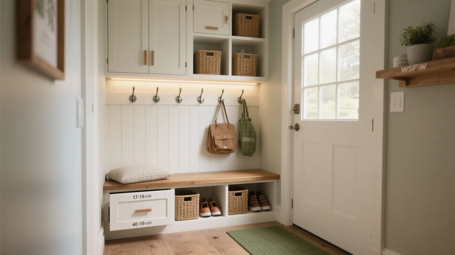 Built-in bench and hooks for a mini mudroom