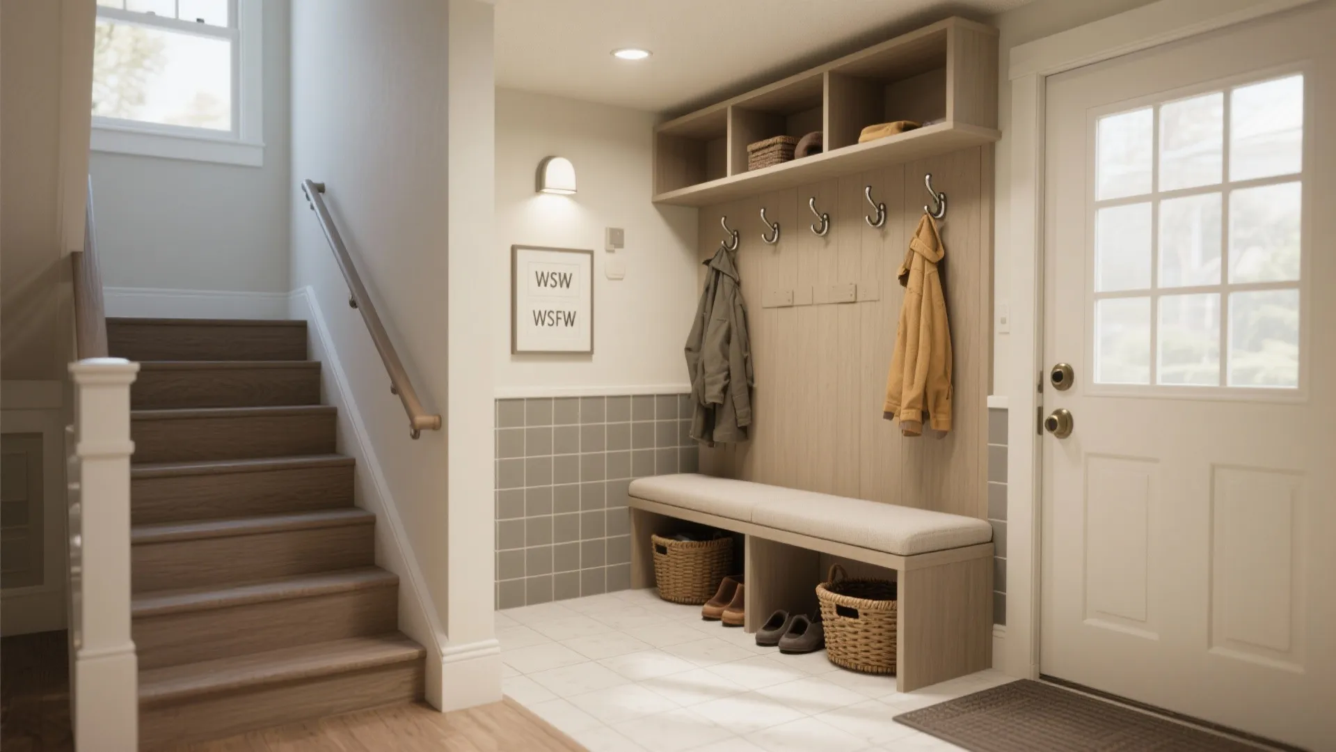 Small entryway mudroom with wood bench hooks for coats and storage baskets next to stairs