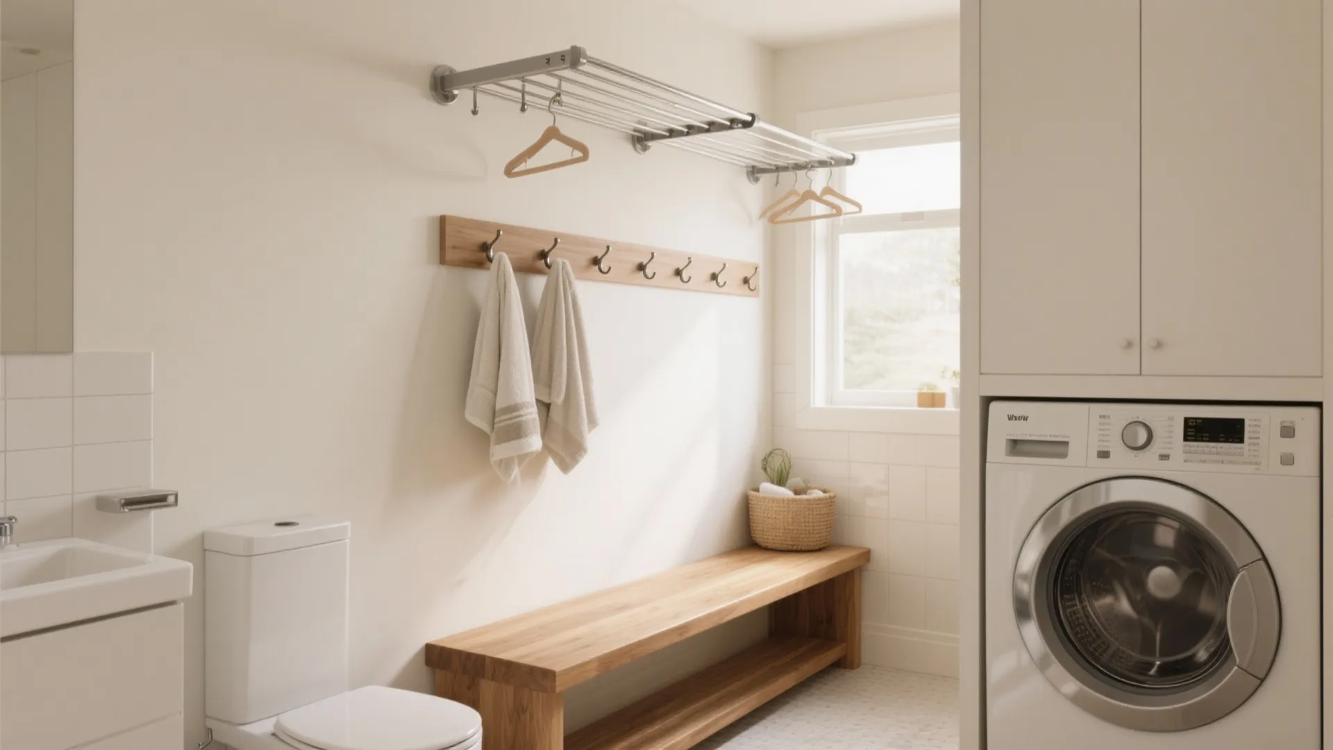 Mini mudroom zone with bench and overhead drying rail