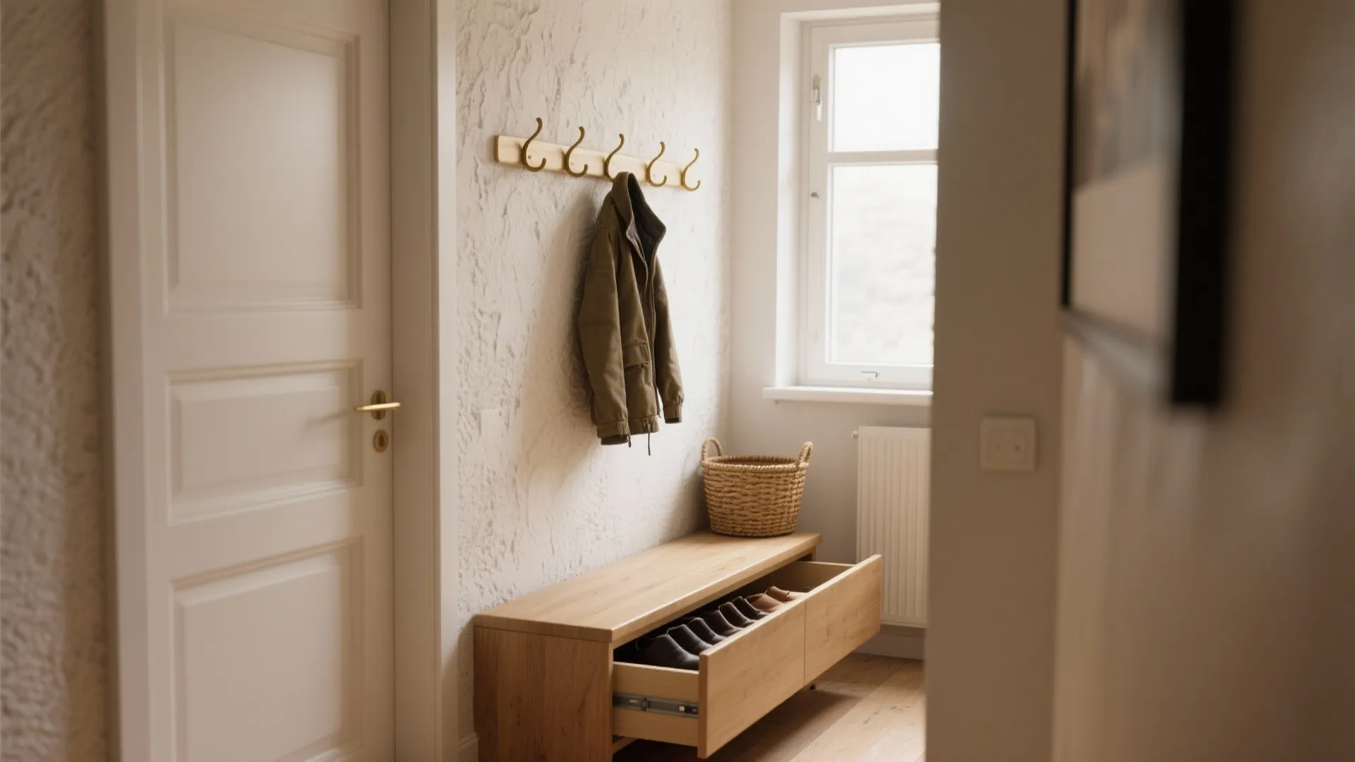 Minimalist entryway design with wooden shoe cabinet woven basket wall hooks and white door layout