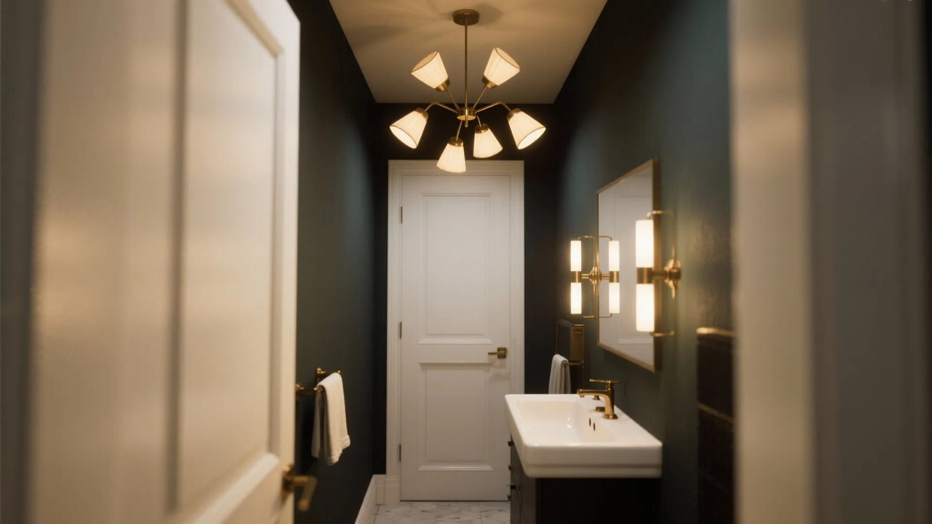 Narrow powder room with a small multi-arm chandelier and slim shades visible through the doorway.