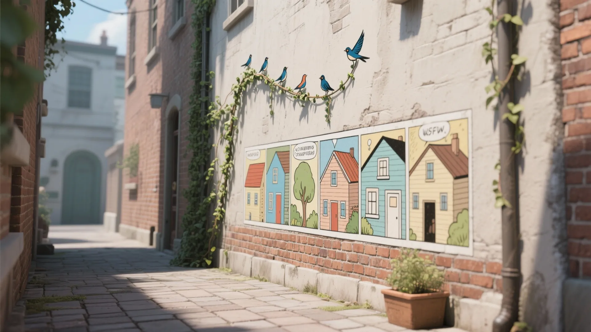Outdoor wall with a comic style house mural and small blue birds on a vine