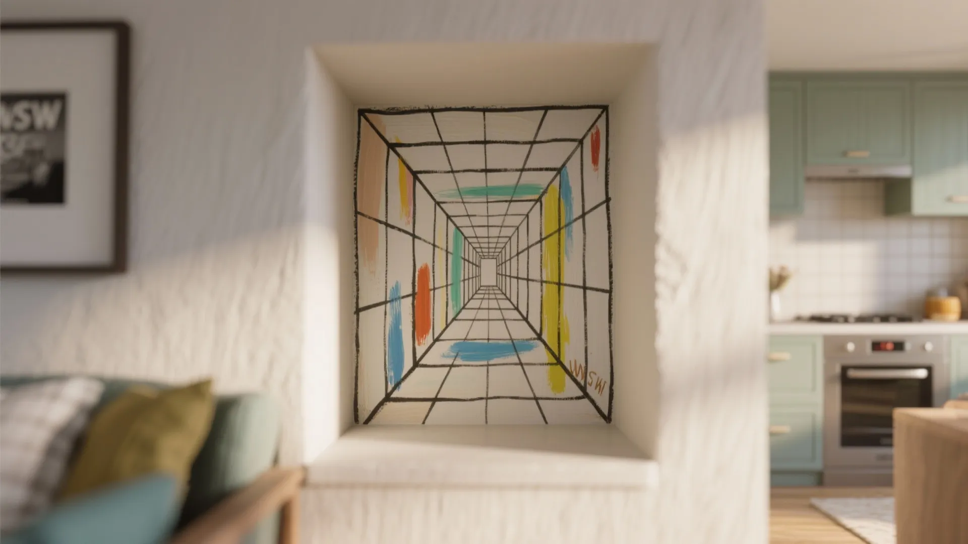 Colorful perspective drawing wall art inside a white wall niche in a modern kitchen area