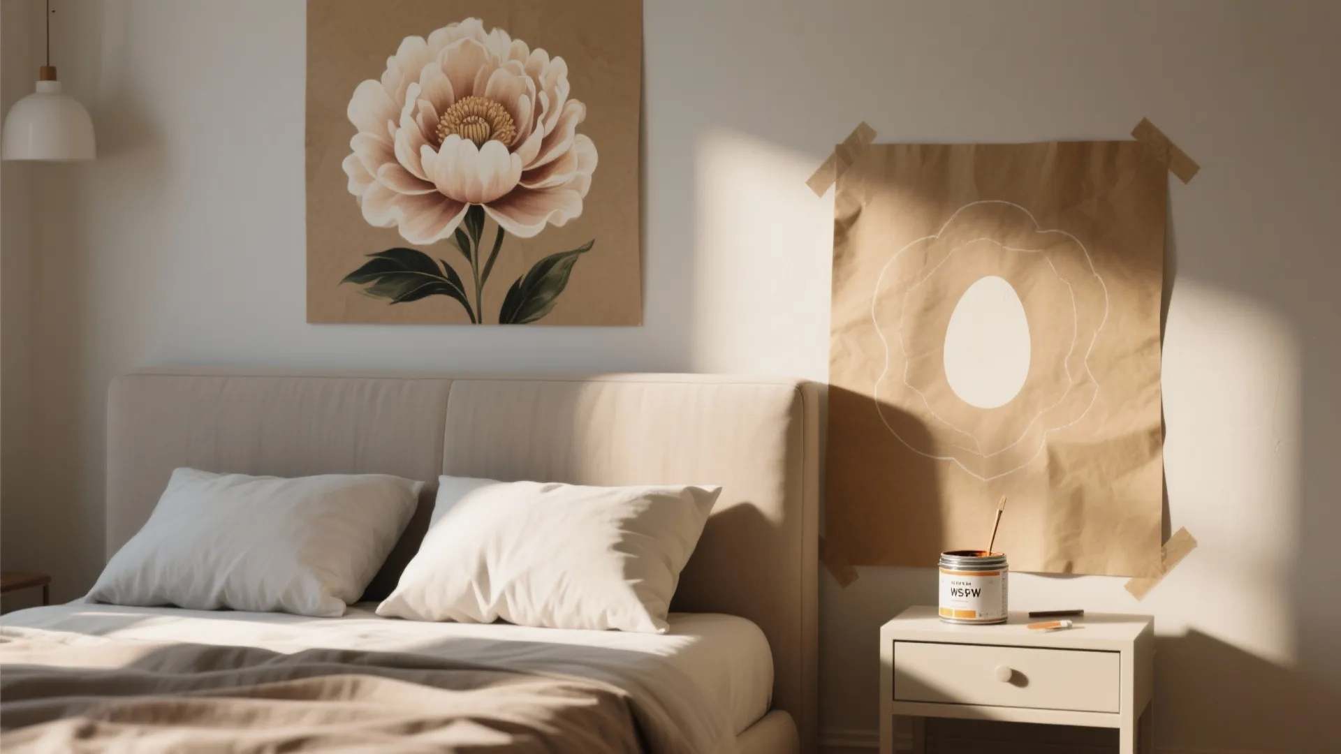 Modern bedroom with flower wall art above bed and small bedside table with paint can