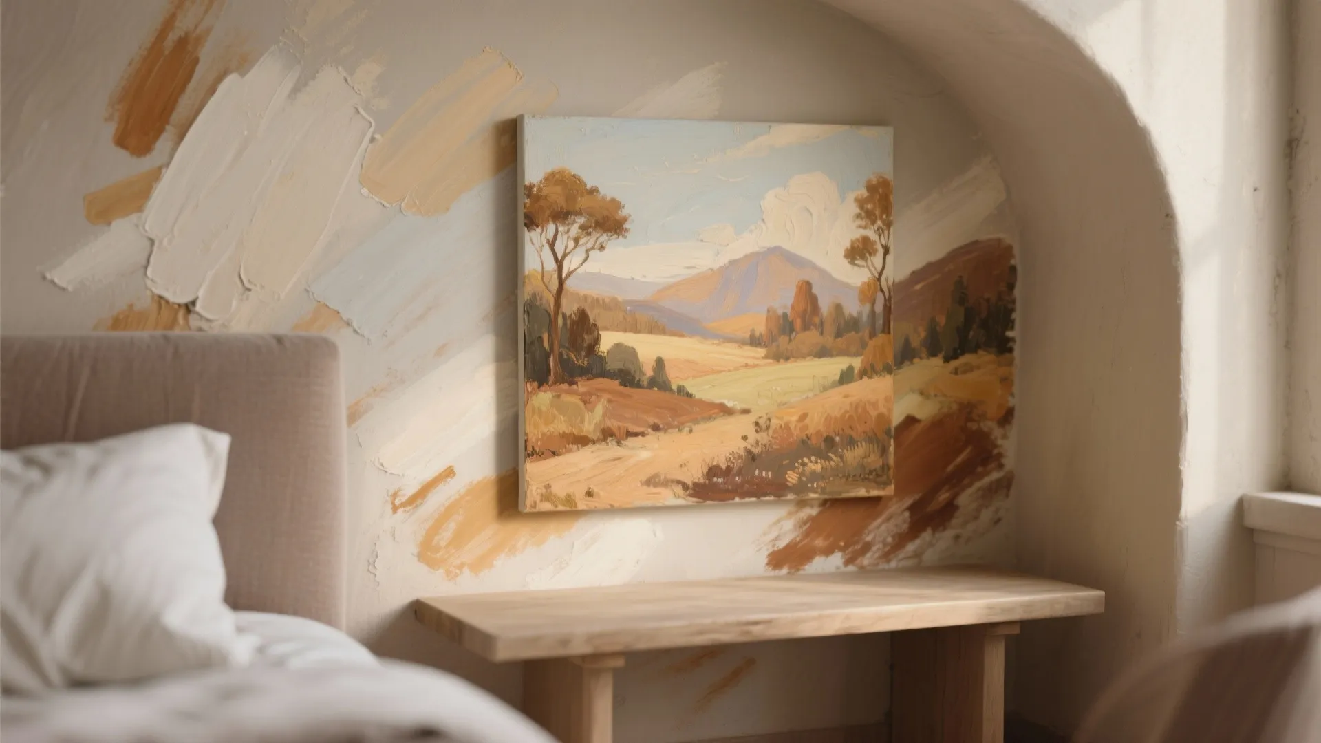 Small bedroom nook with landscape oil painting hanging on a wall with abstract paint strokes