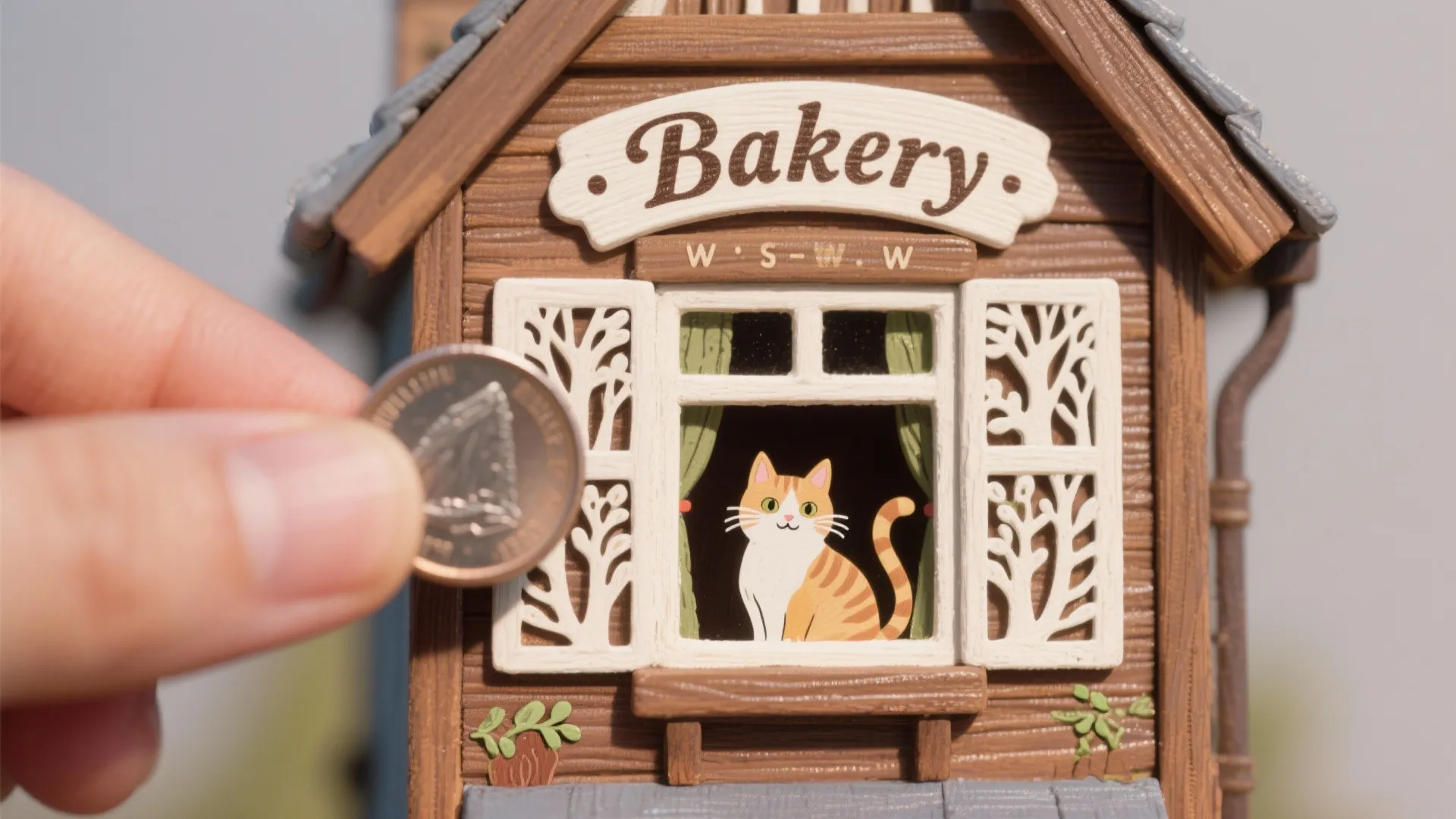 Small wooden bakery model with orange cat in window being measured by a silver coin