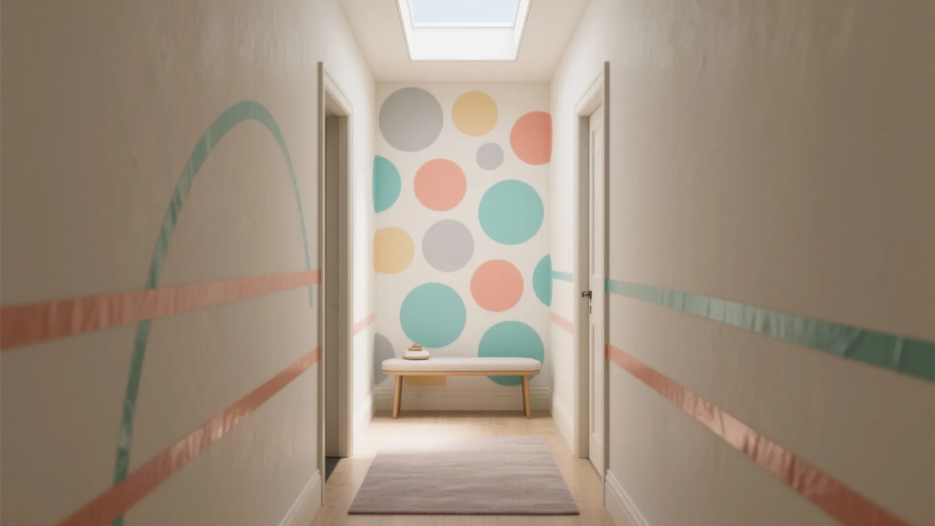 Bright hallway with colorful wall circles a small bench rug and a white roof window