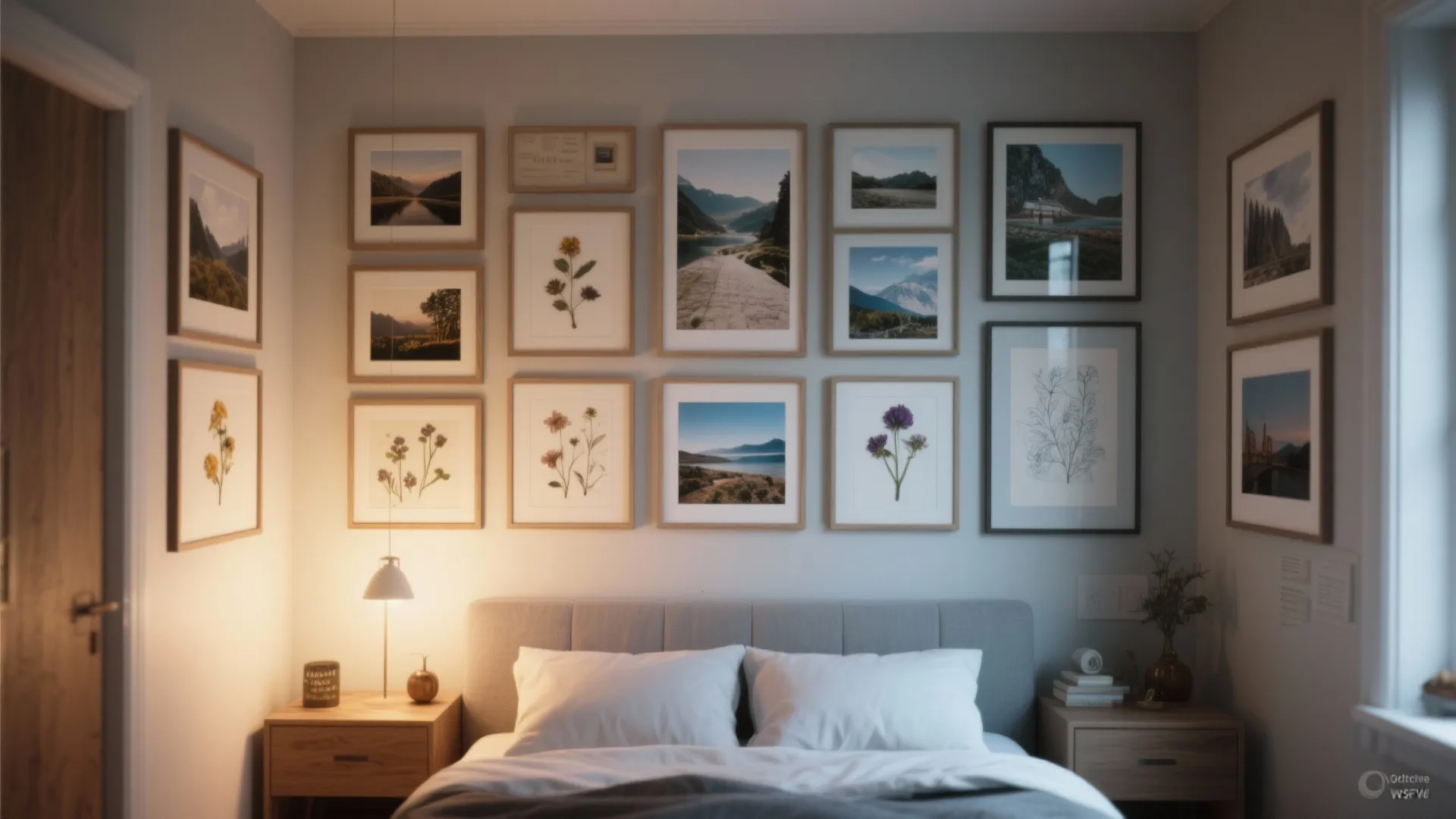 Cozy bedroom with a large gallery wall of framed nature photos and bedside table lamps