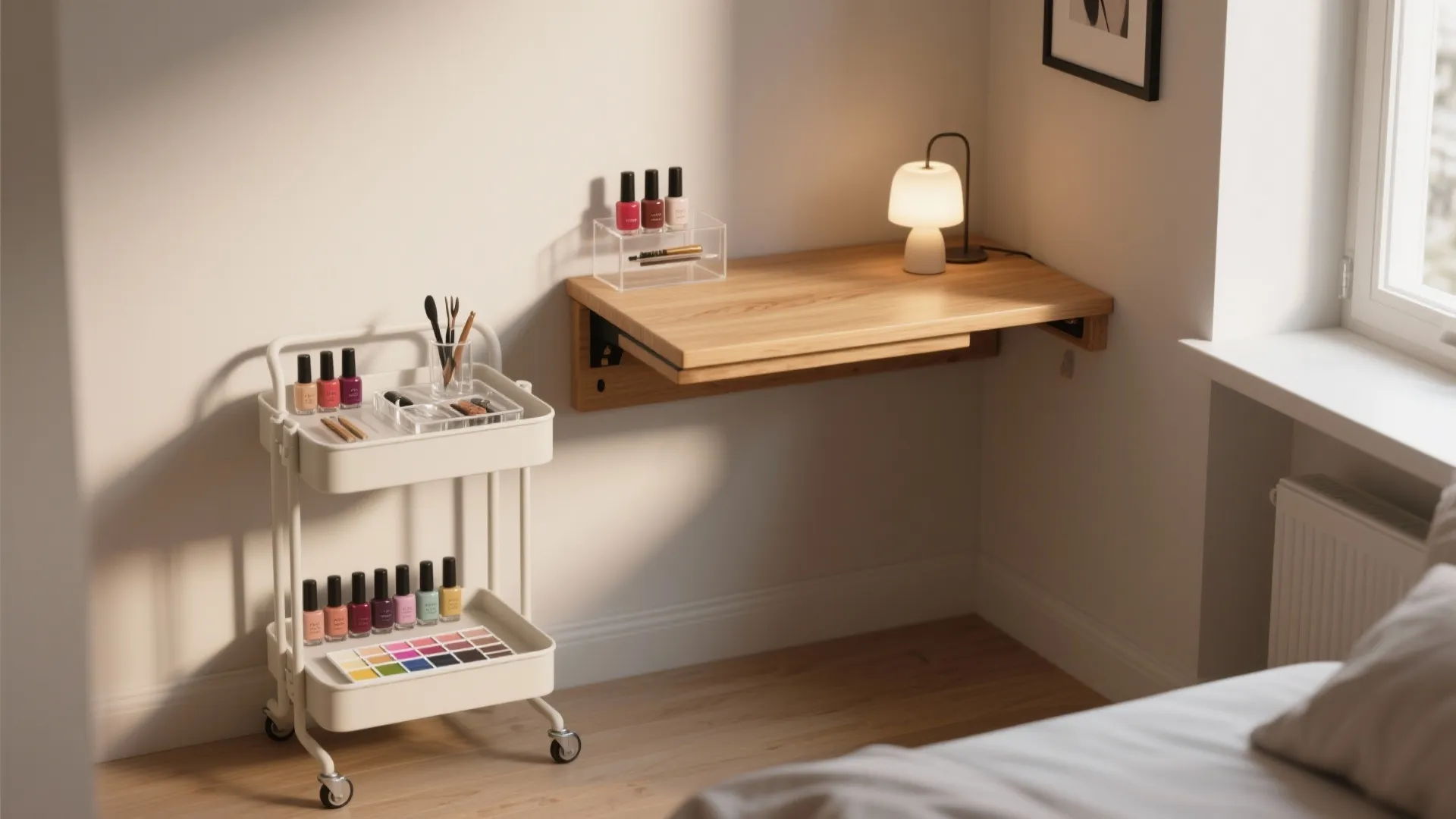 Compact wooden wall desk with small lamp and white rolling cart holding various nail polish