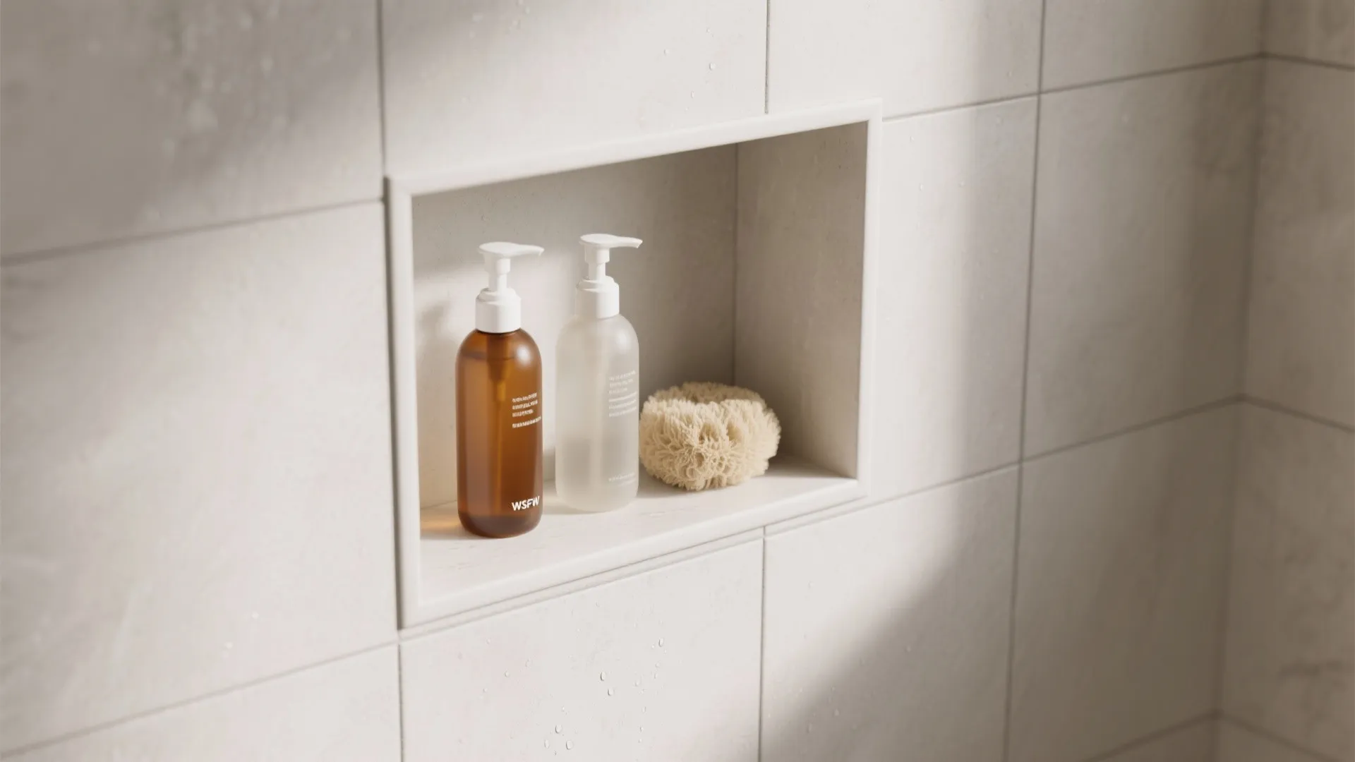 Small wall shelf in bathroom holding two soap bottles and one sponge with light beige tiles