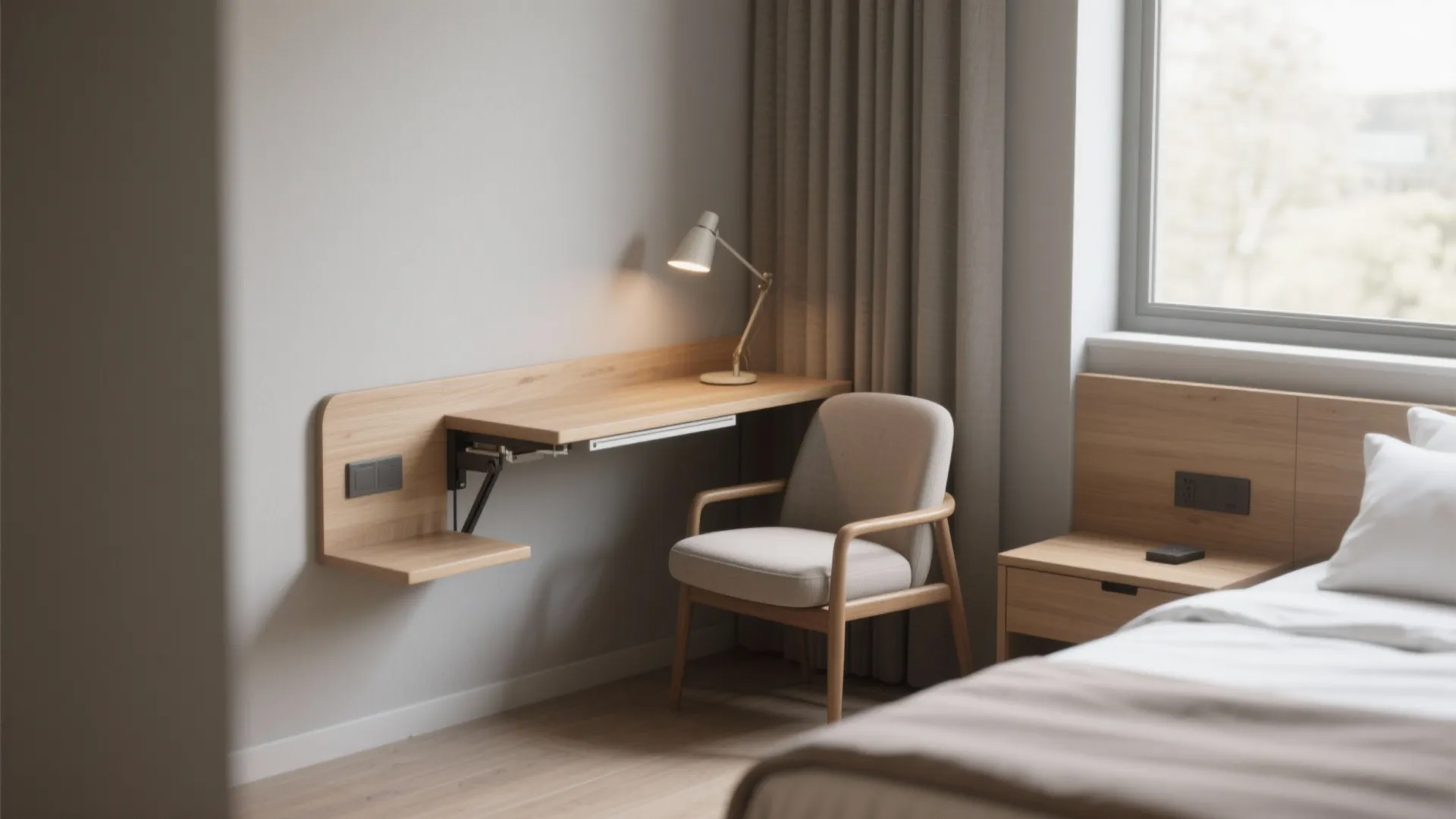 Minimalist bedroom corner featuring a wooden wall desk, grey chair, desk lamp, and beige curtains