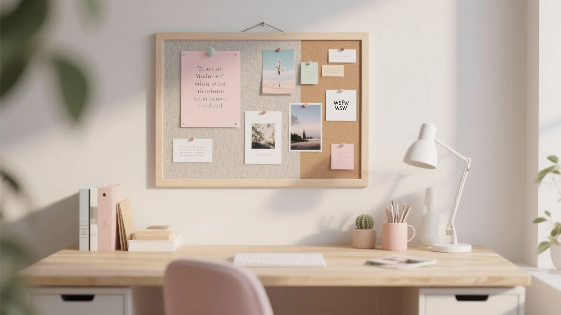 Home office desk with corkboard, pinned notes, photos, small cactus, pink mug, and white lamp
