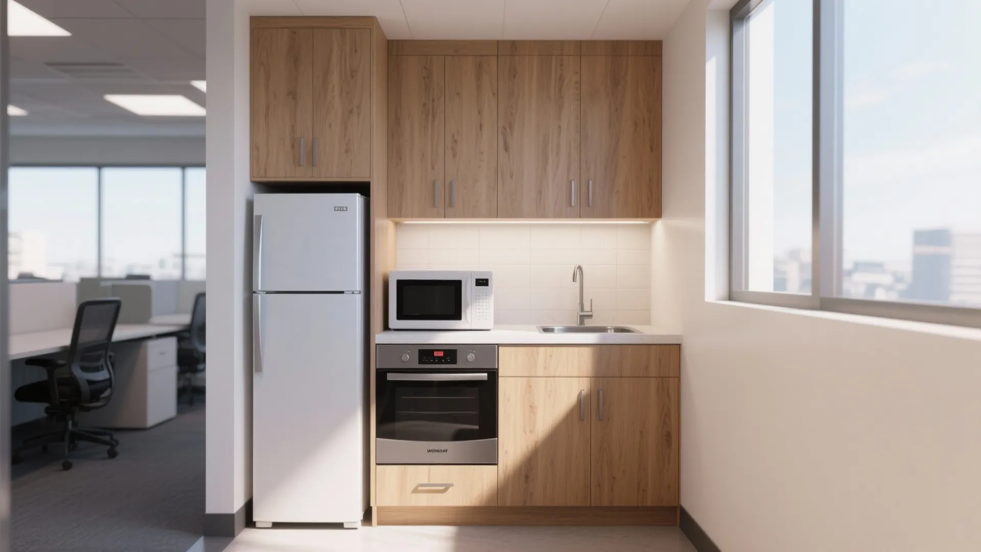 Small office kitchenette featuring wooden cabinets white fridge microwave oven sink and bright natural light