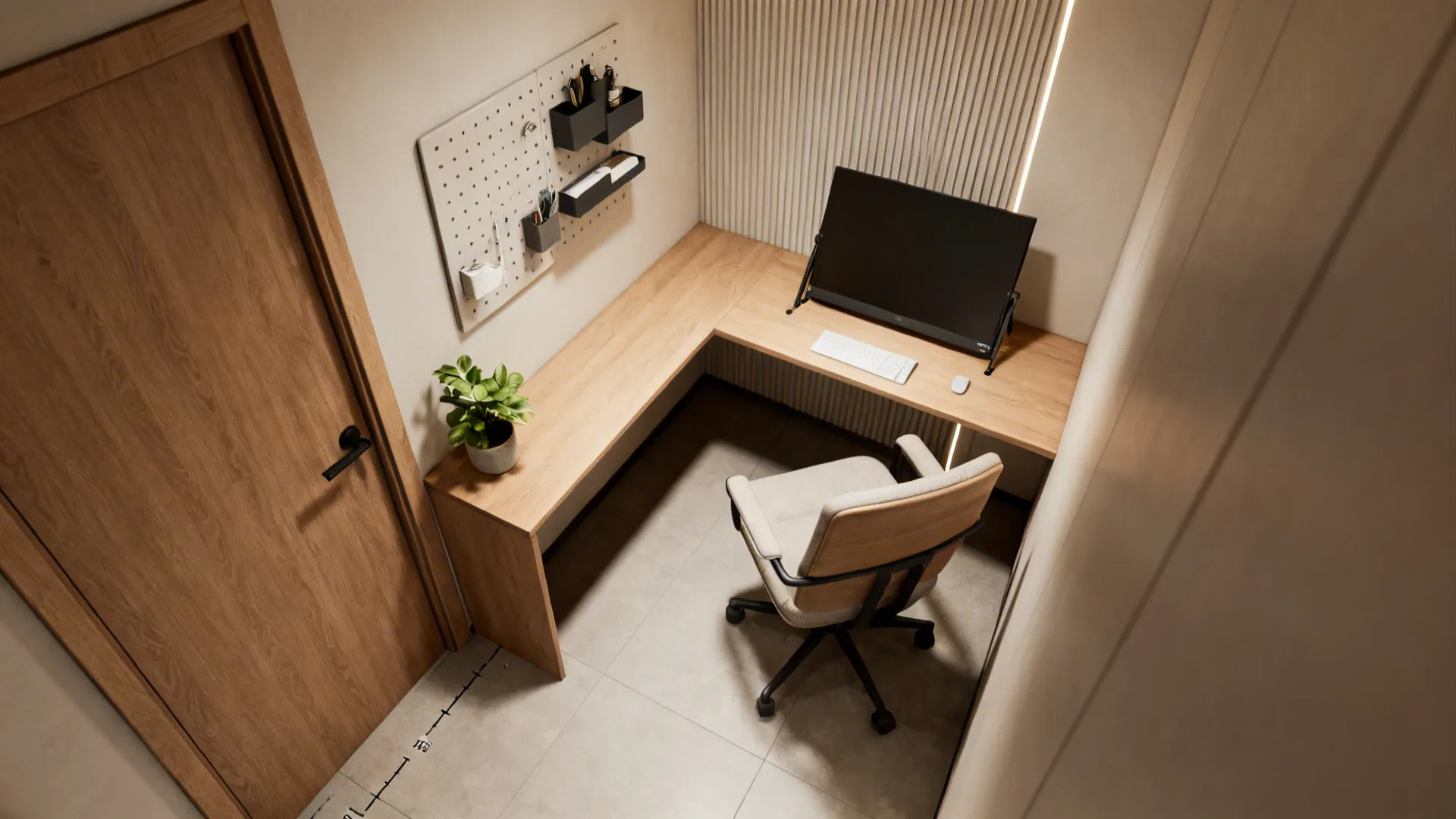 Top-down view of a compact home office corner with a slim desk, wall organizer and chair.