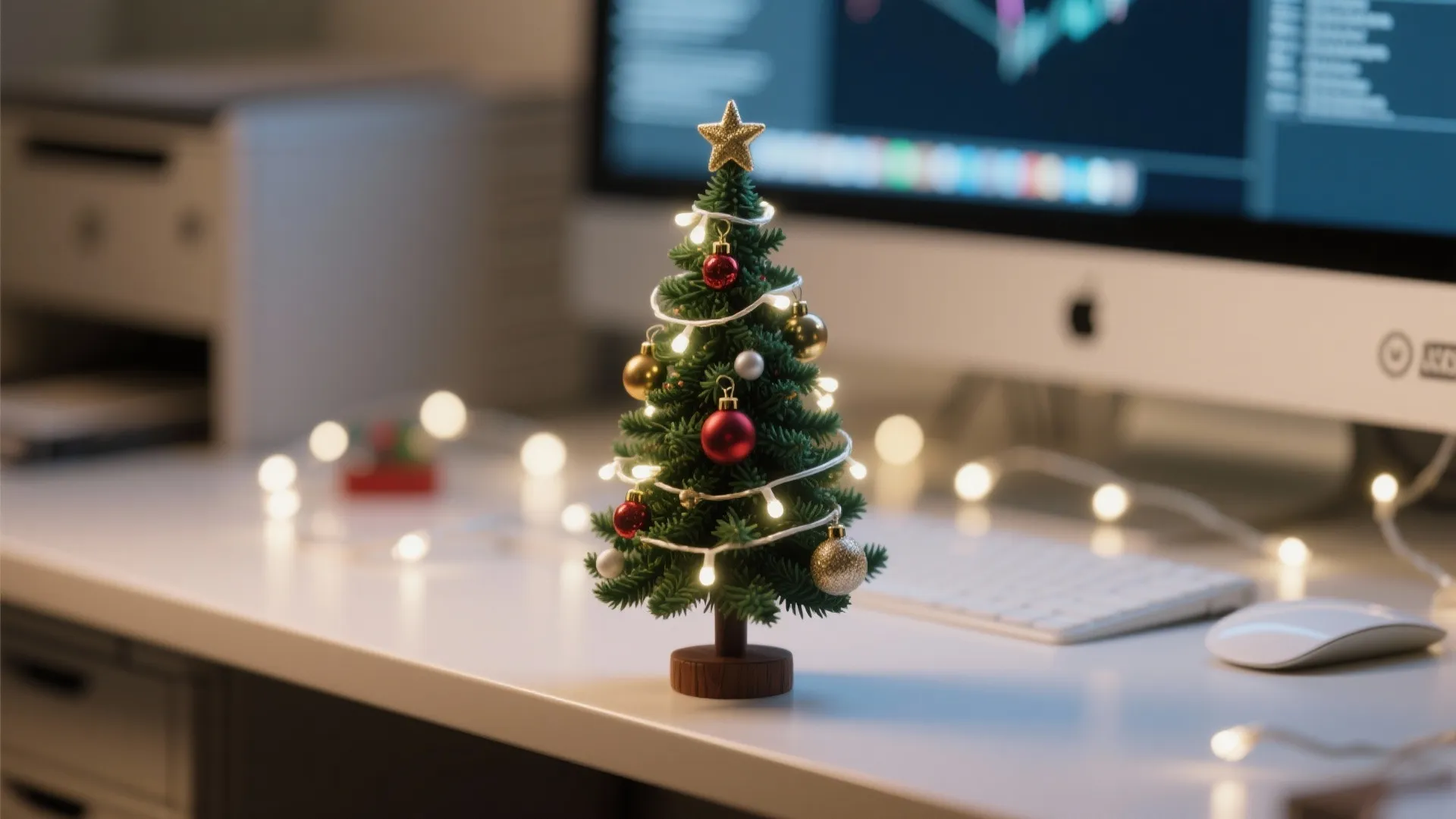 Small decorated Christmas tree with lights on a white office desk with computer and keyboard