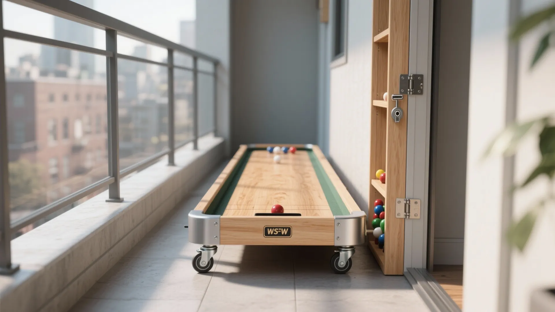 Mini shuffleboard on locking casters rolled out for play and stored in a small closet.