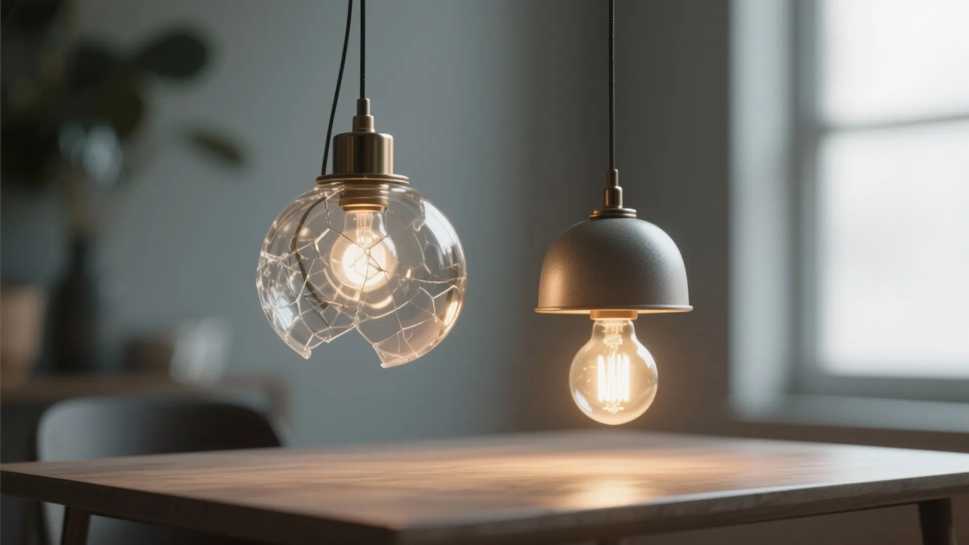 Two ceiling lights hanging above a wooden table one with broken glass and one metal