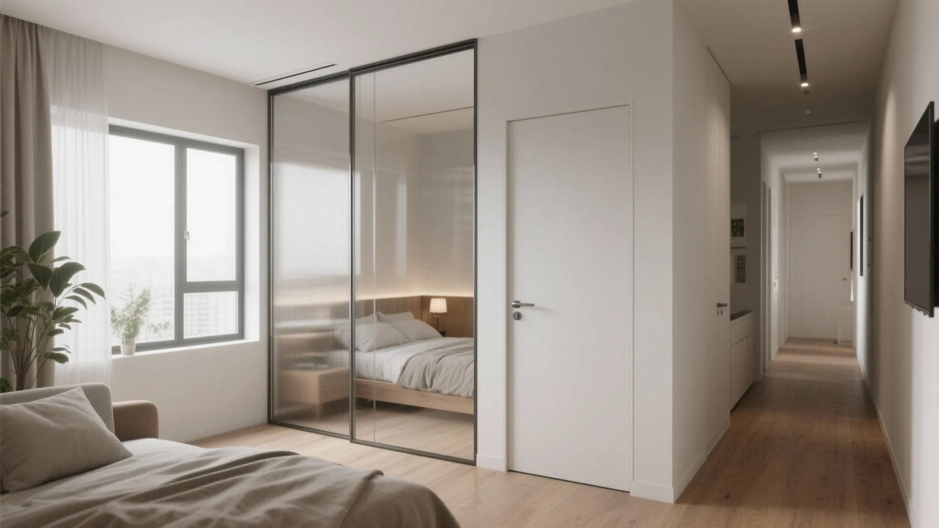 Modern bedroom with glass wall partition showing bed next to white door and wooden floor
