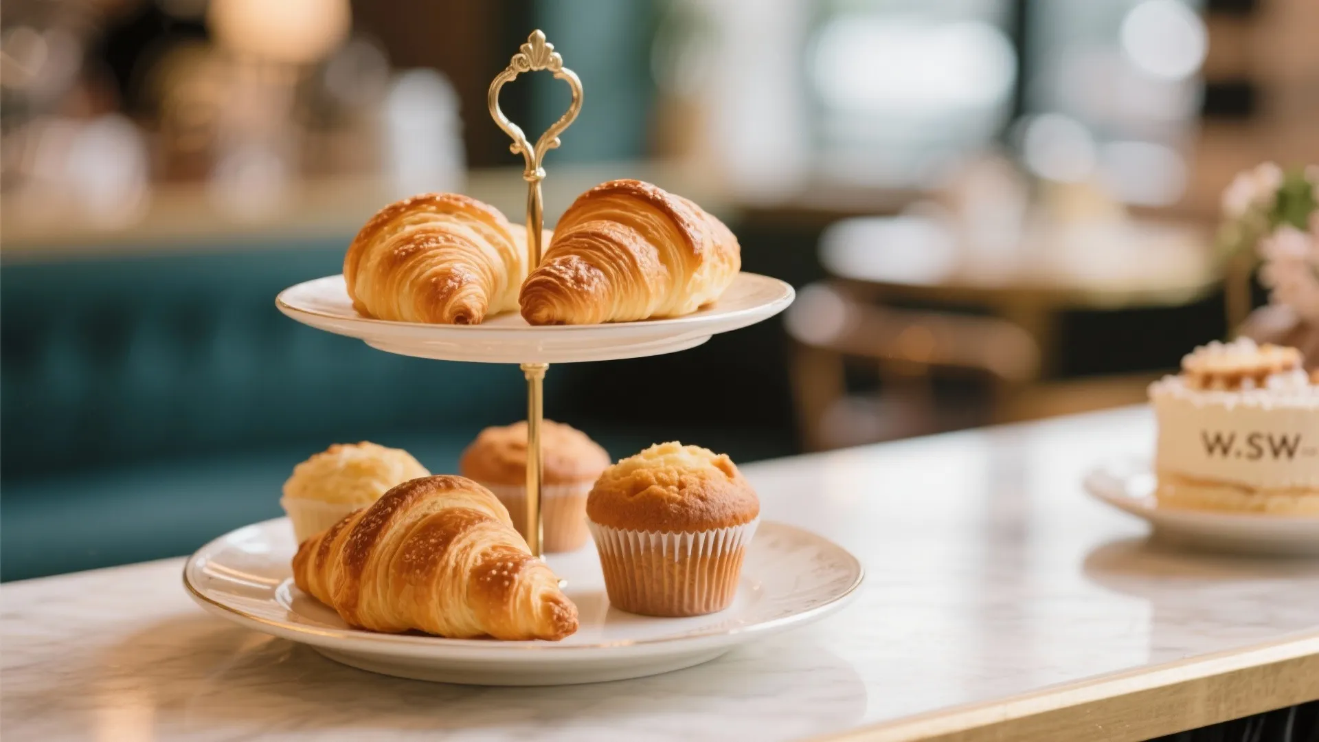 Two tier white stand with fresh croissants and muffins on a marble kitchen counter top surface