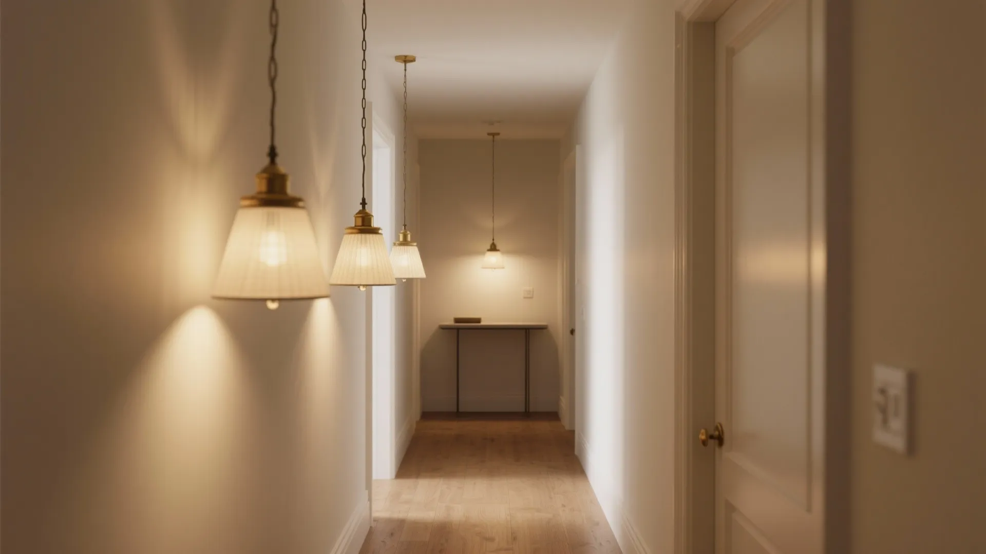 Long narrow hallway with warm ceiling lights hanging over wooden floors and white walls interior