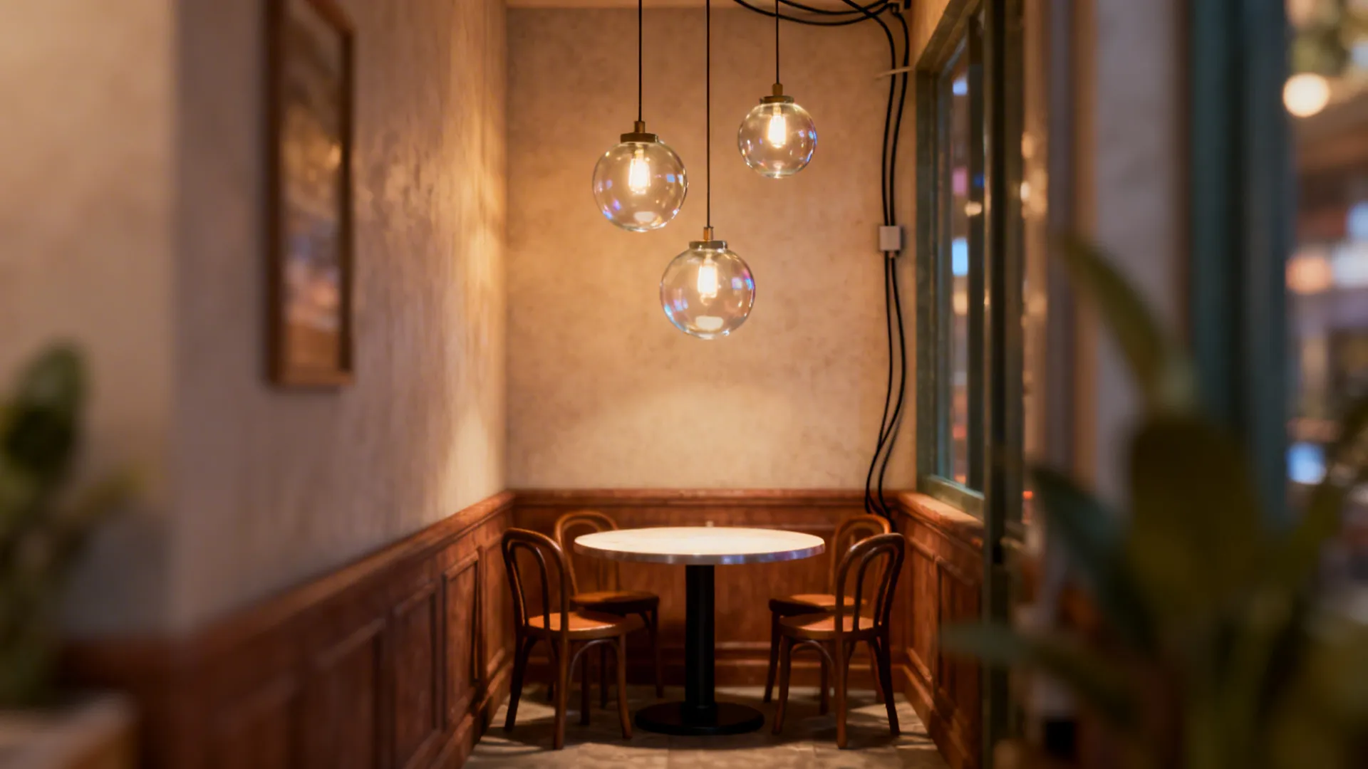 Tiny dining corner with three staggered glass globe mini pendants above a small table