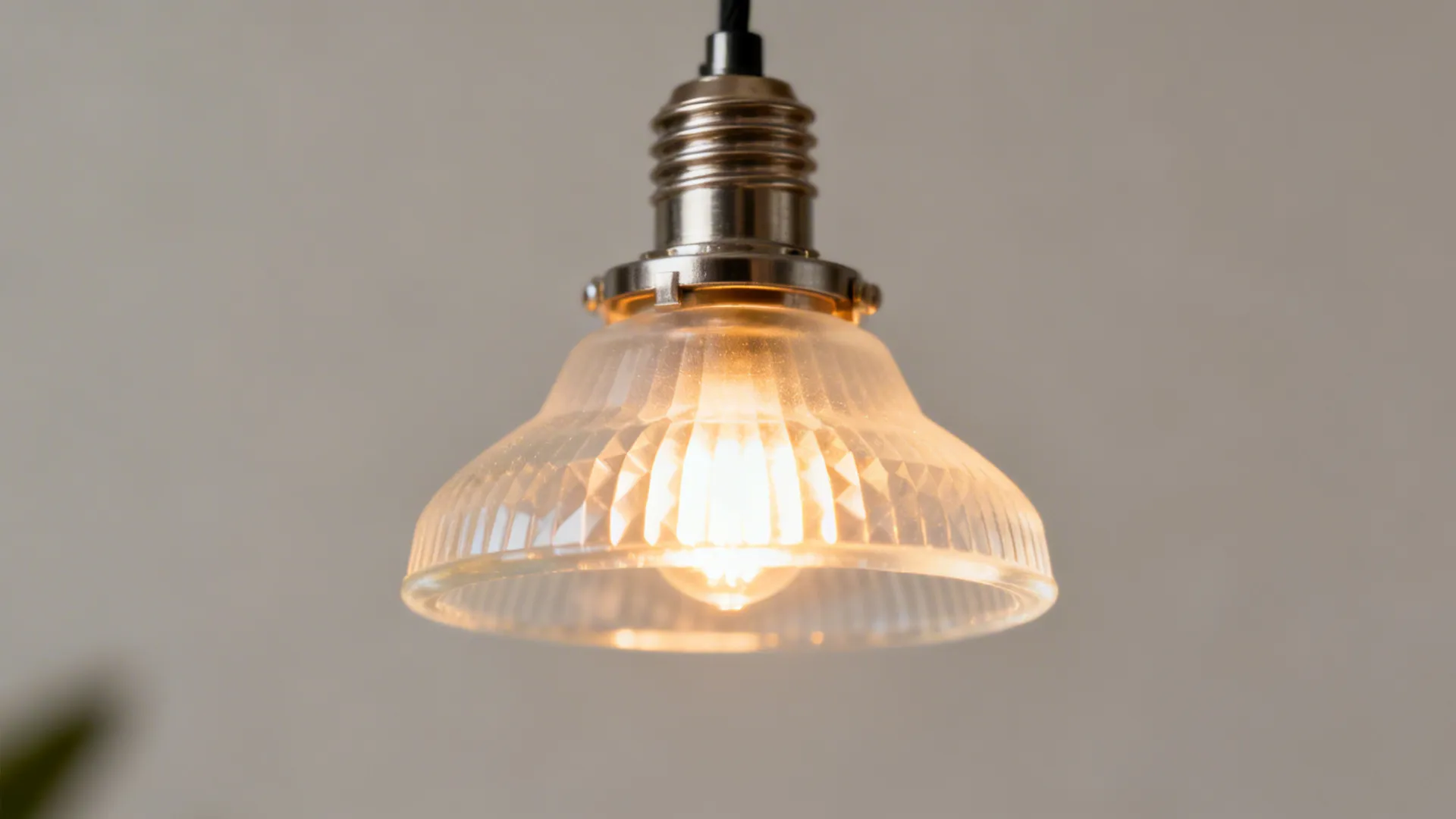 Close up of a single glass light fixture with a warm glowing bulb and shade