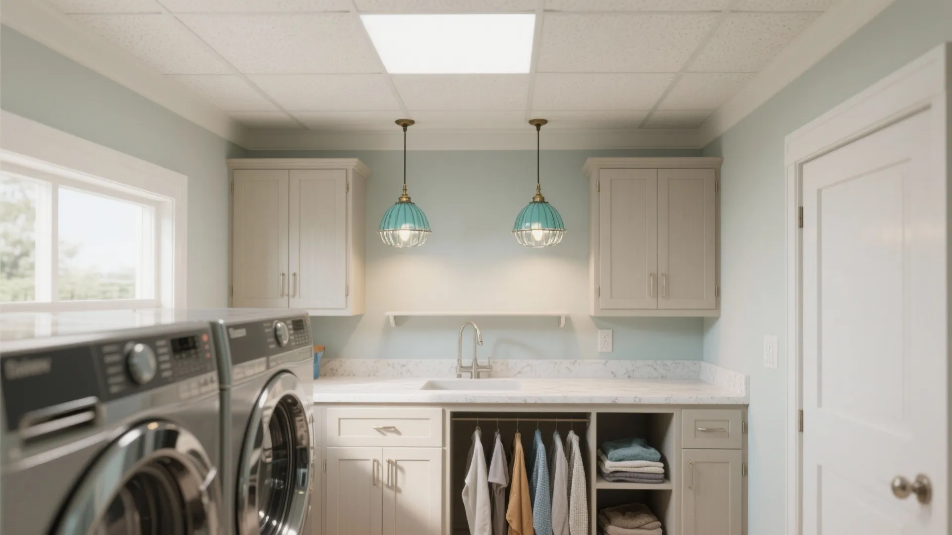 Laundry room featuring two blue ceiling lights above a white sink with washing machines nearby