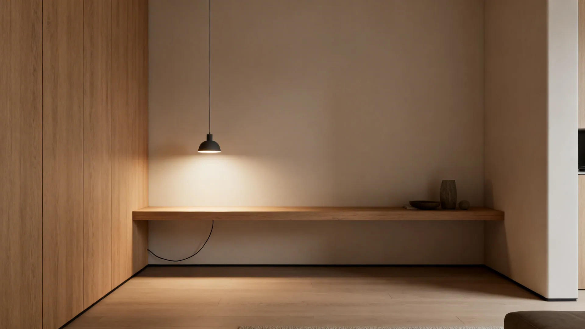 Mini pendant hung low over a slim console acting like a table lamp in a small living room.