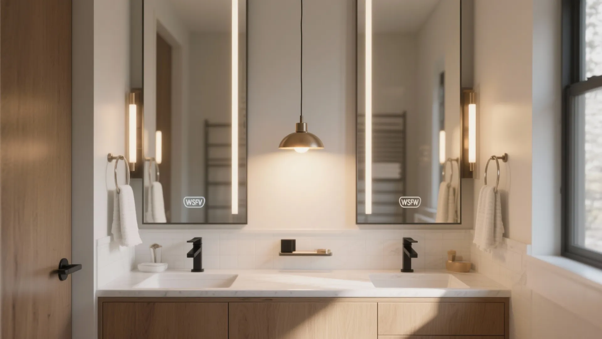 Double bathroom vanity with wood cabinets black faucets two mirrors and hanging gold colored light