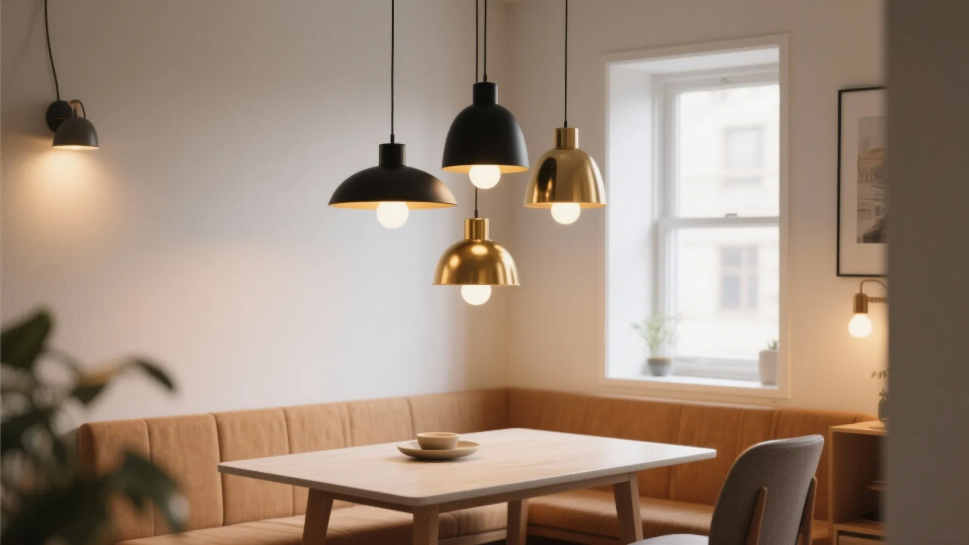 Three staggered mini pendants above a small dining table creating a layered, playful focal point.