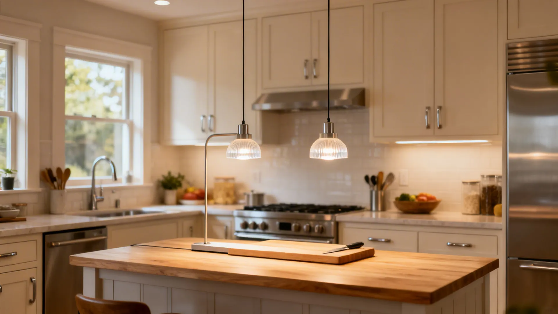 Modern kitchen island featuring wood countertop and two glass hanging lights over a wooden board