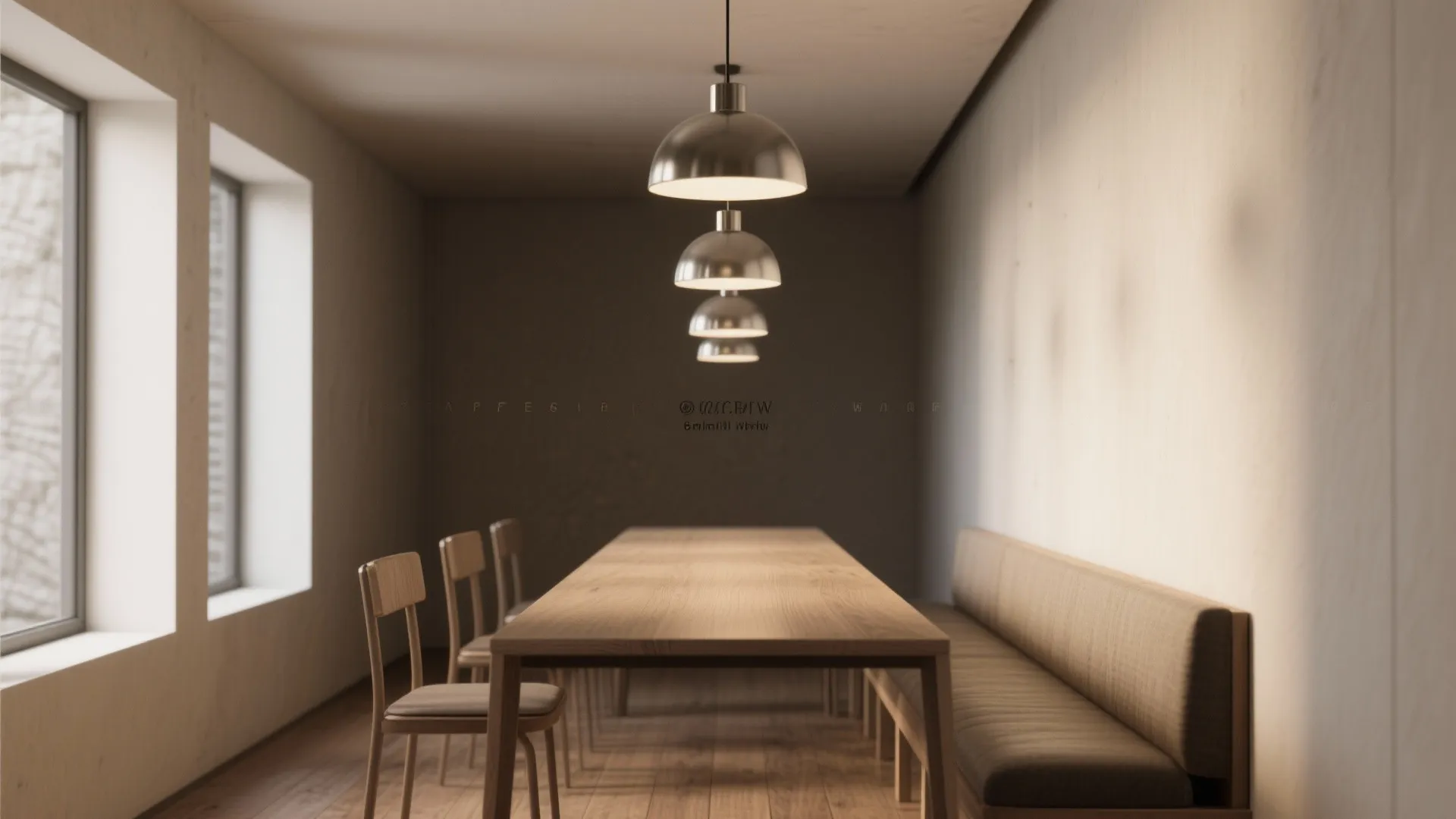 Narrow dining table lit by a row of three mini pendants with low-gloss finishes creating visual rhythm.