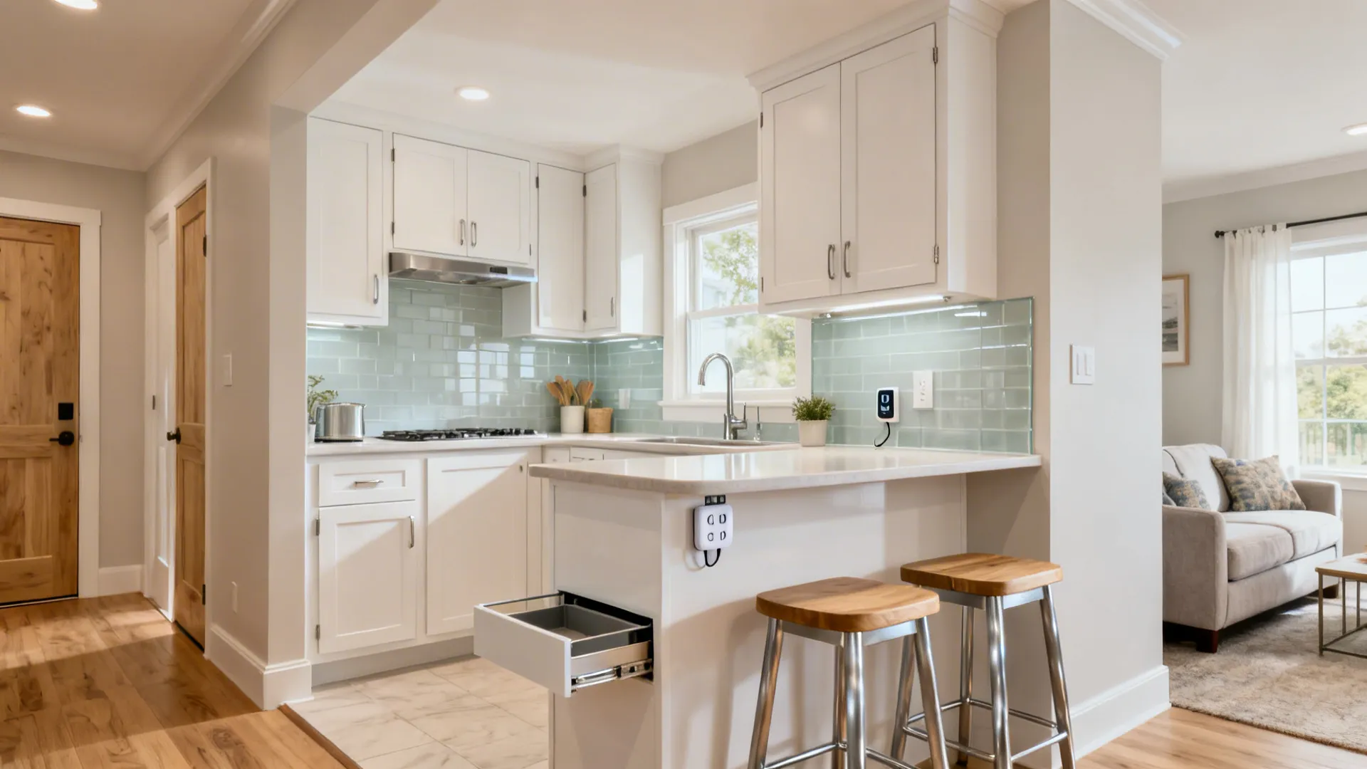 Compact L-shaped kitchen with a petite peninsula defining the space.