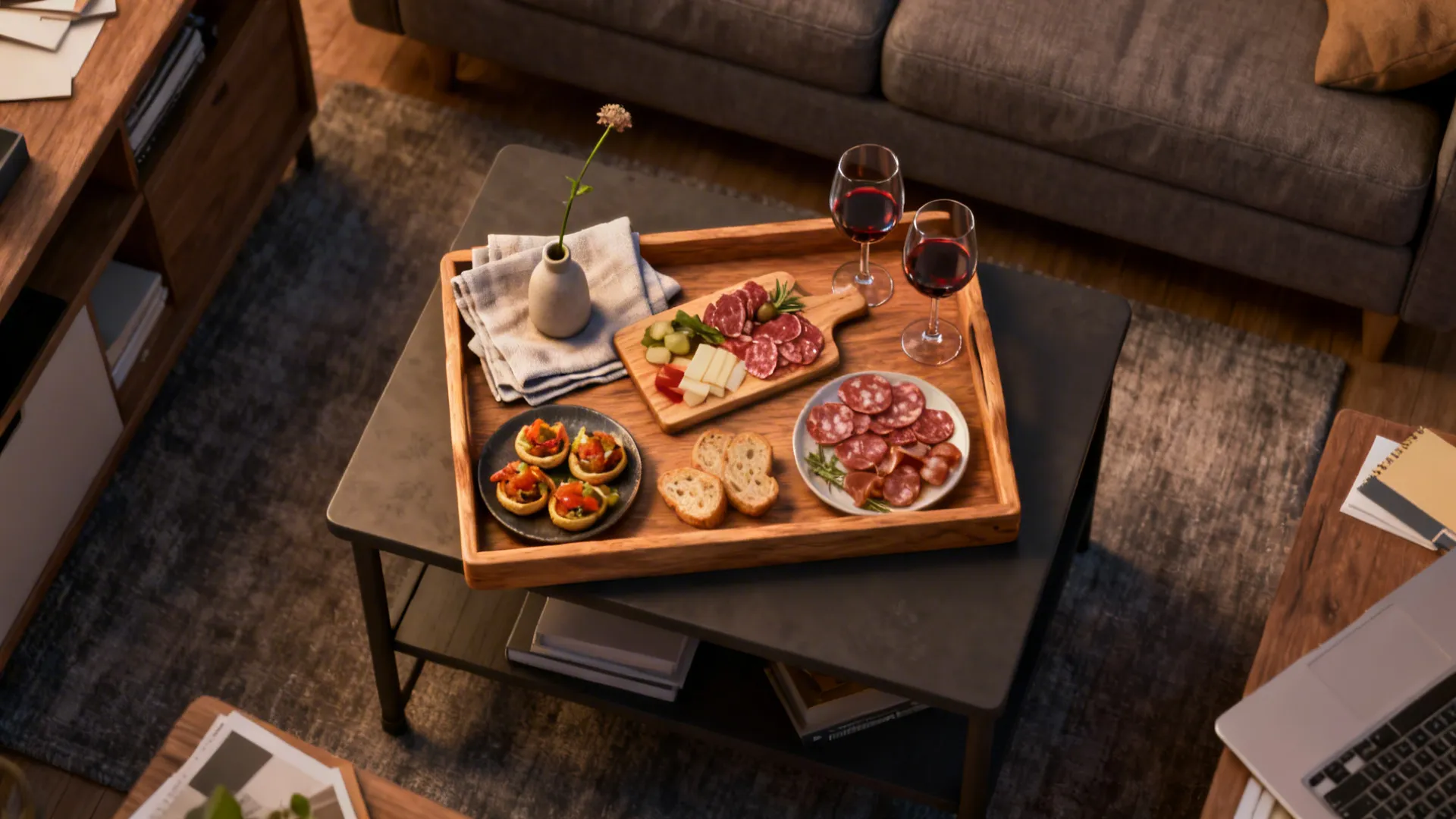Top-down mini picnic on a coffee table with a tray, charcuterie, two wine glasses, and a single-stem vase.