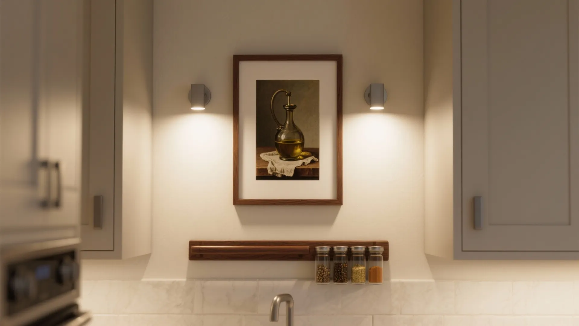 Small wall lights illuminating a framed picture above a kitchen sink with spices and cabinets