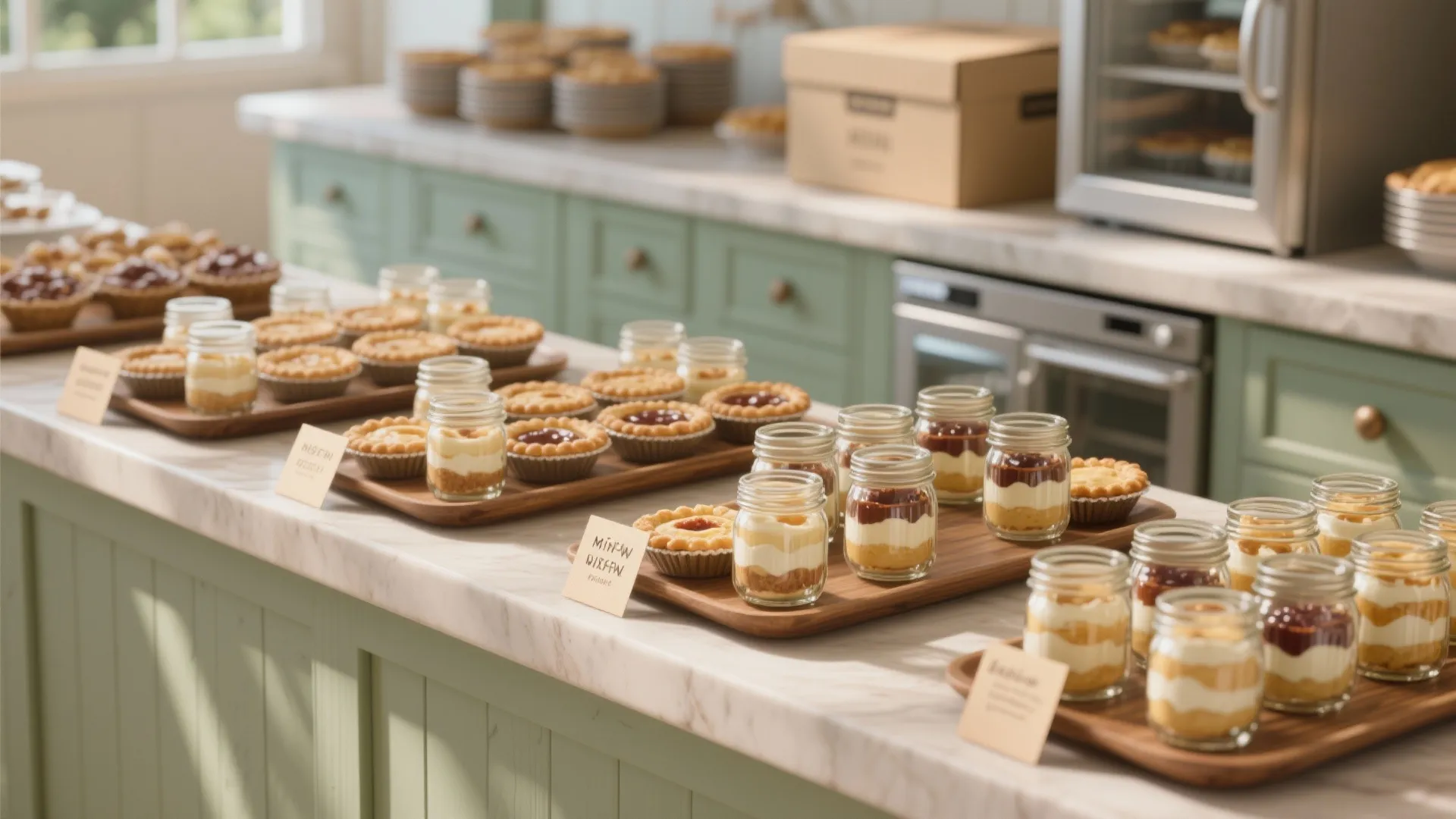 Station with mini pies and mason-jar desserts arranged with flavor tags and shaded backup storage behind.
