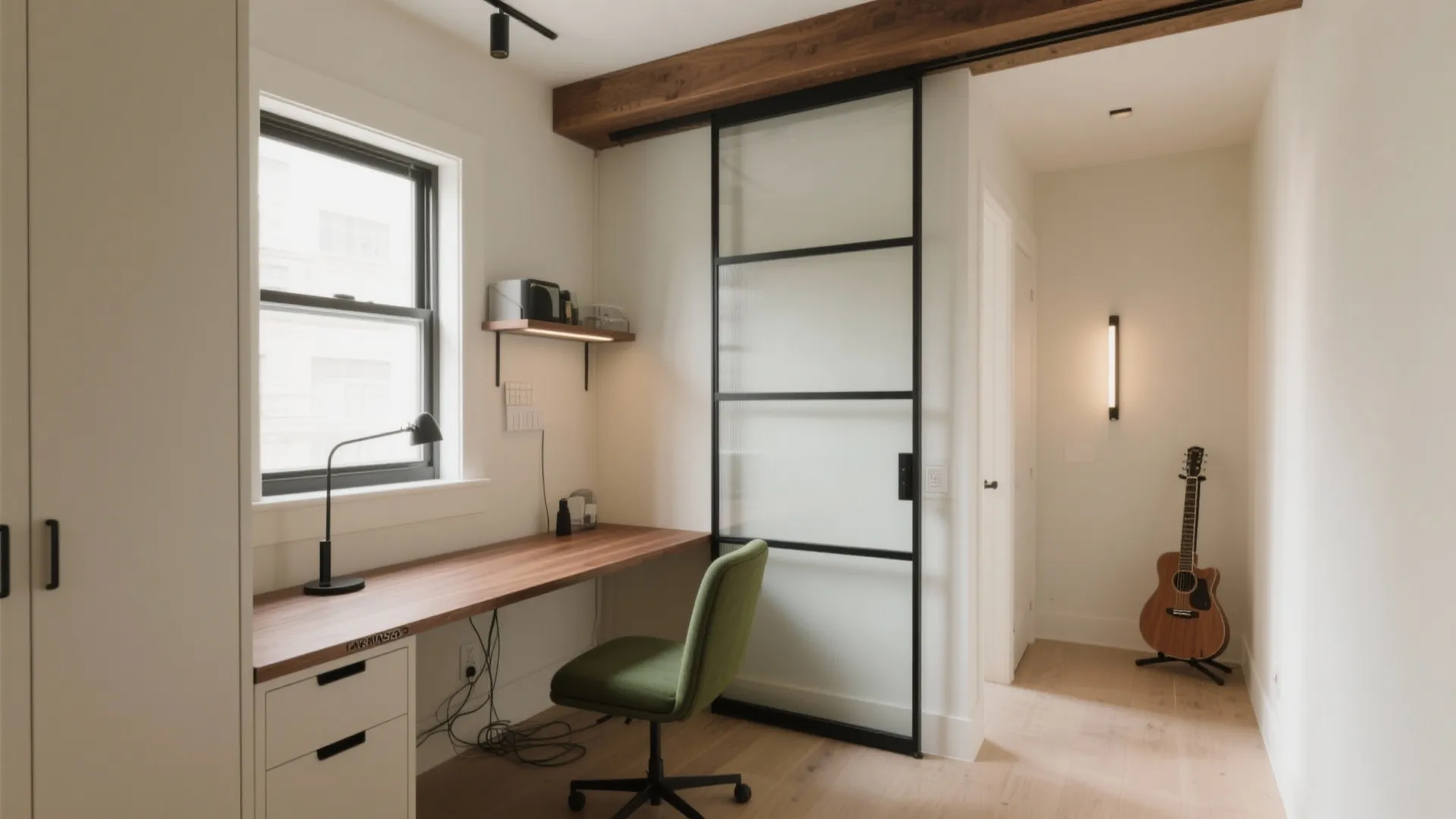 Small home office with wooden desk green chair glass sliding door and a guitar leaning