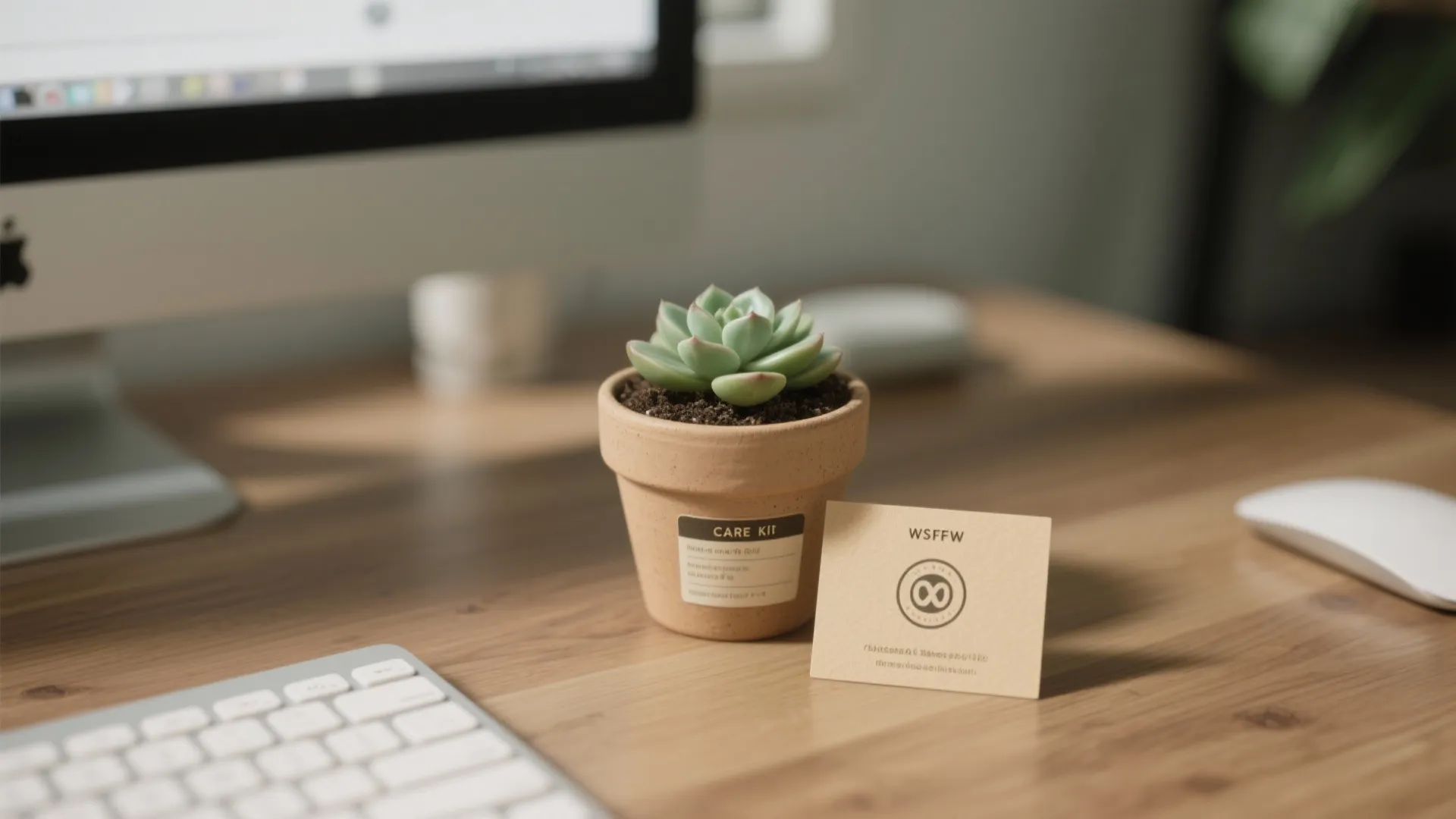 Small succulent plant in a pot with a card on a wooden desk near keyboard