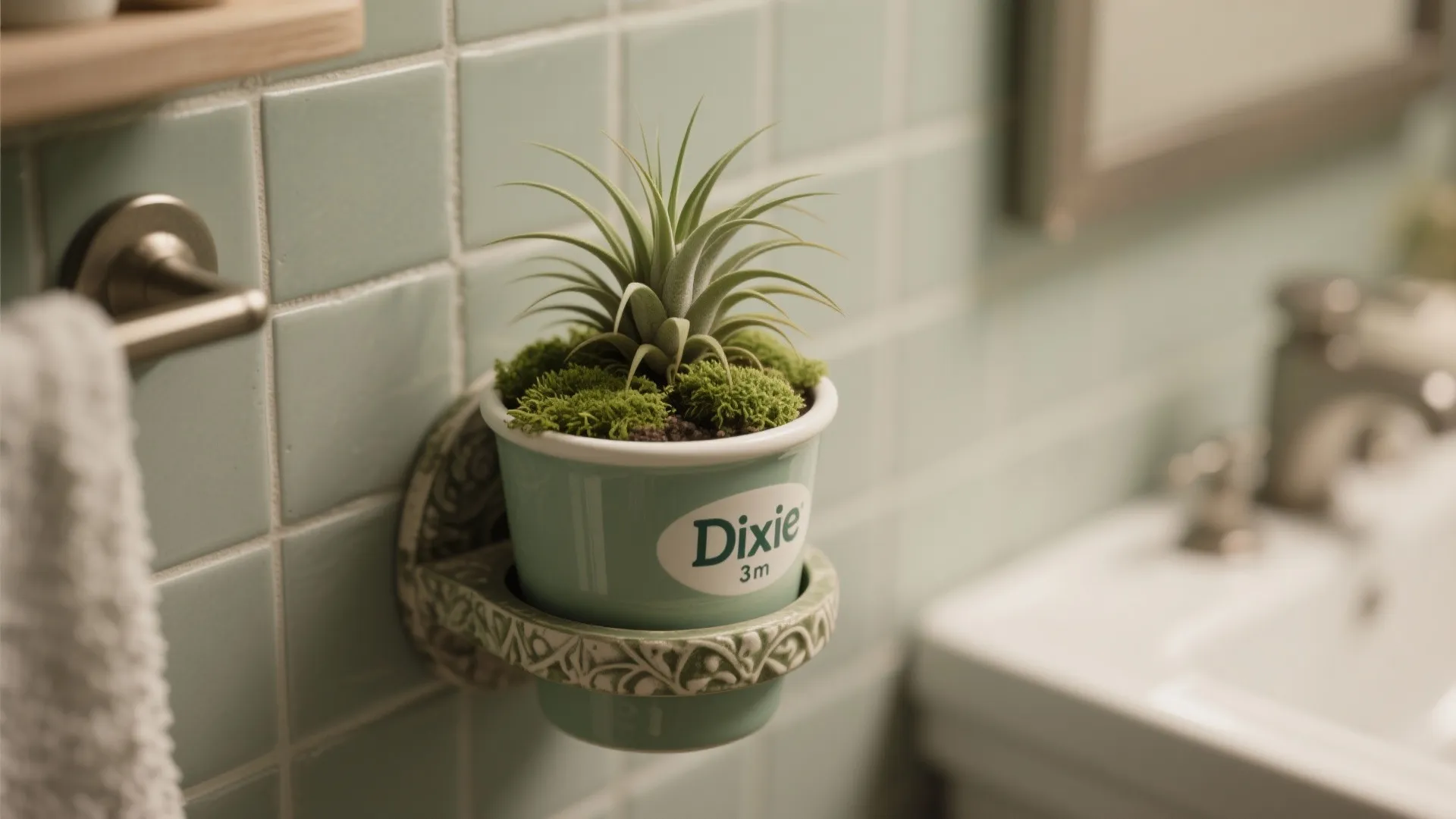 Small green plant in a branded cup mounted on a bathroom wall with light tiles