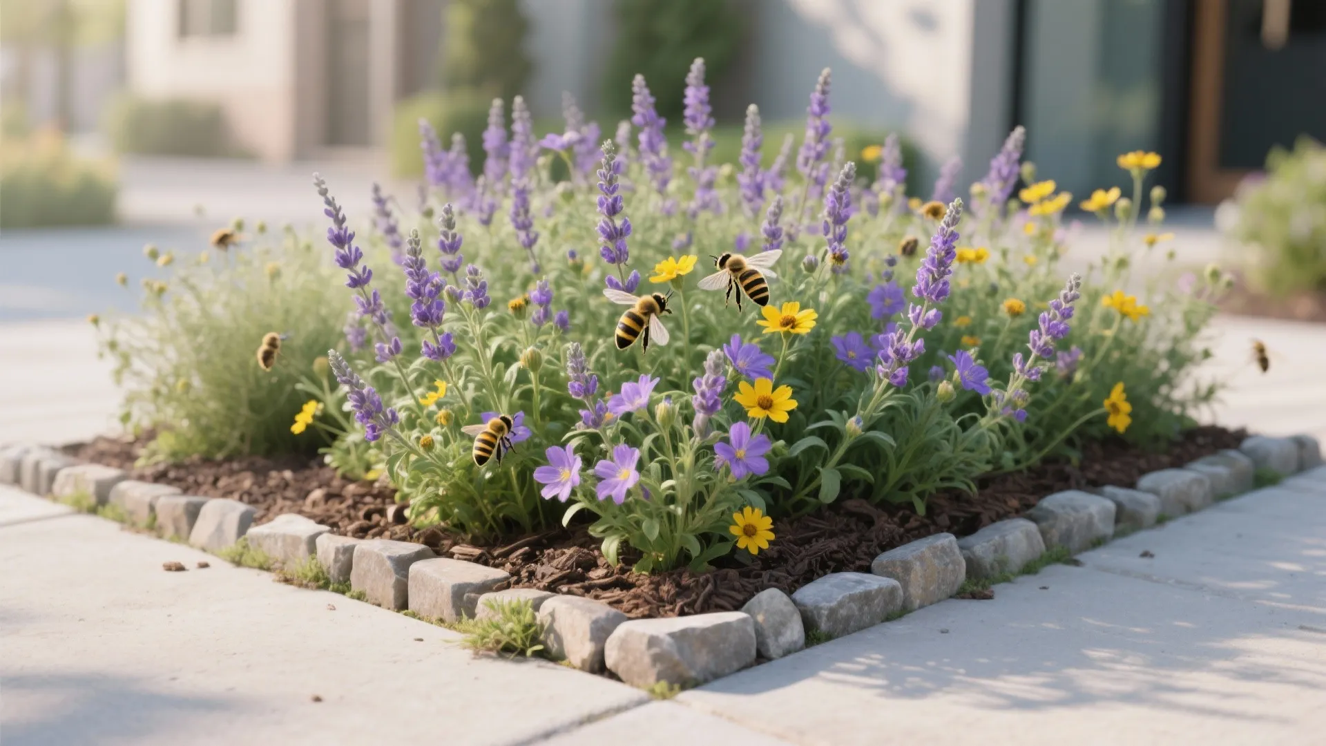 Small garden bed with purple and yellow flowers surrounded by bees in a sunny backyard