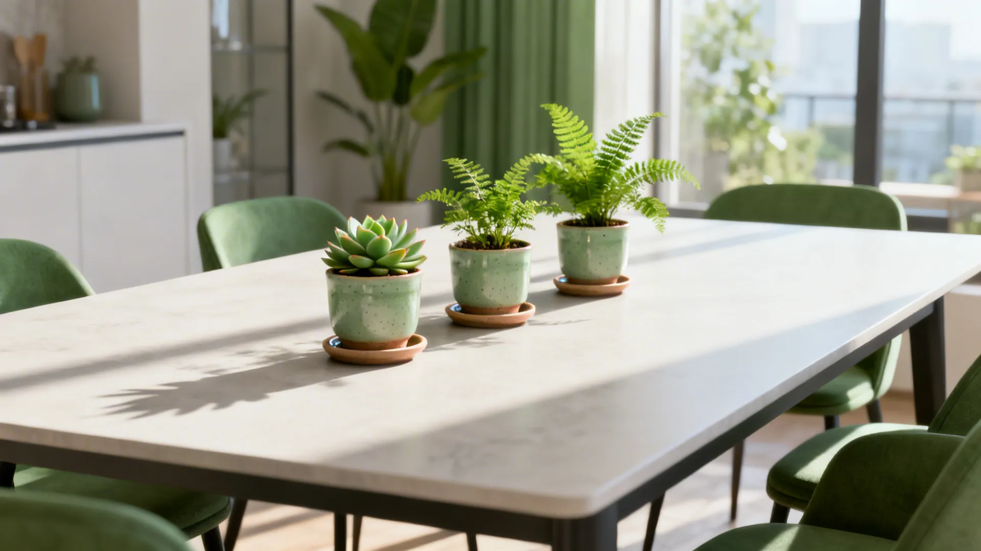 Three matching small potted plants lined up down the center of a narrow dining table