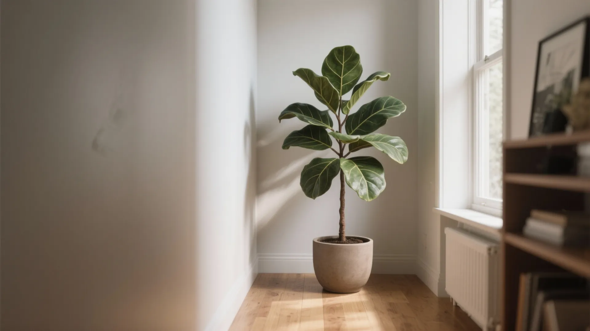 Large green indoor plant in a pot standing in a bright room with wooden floor