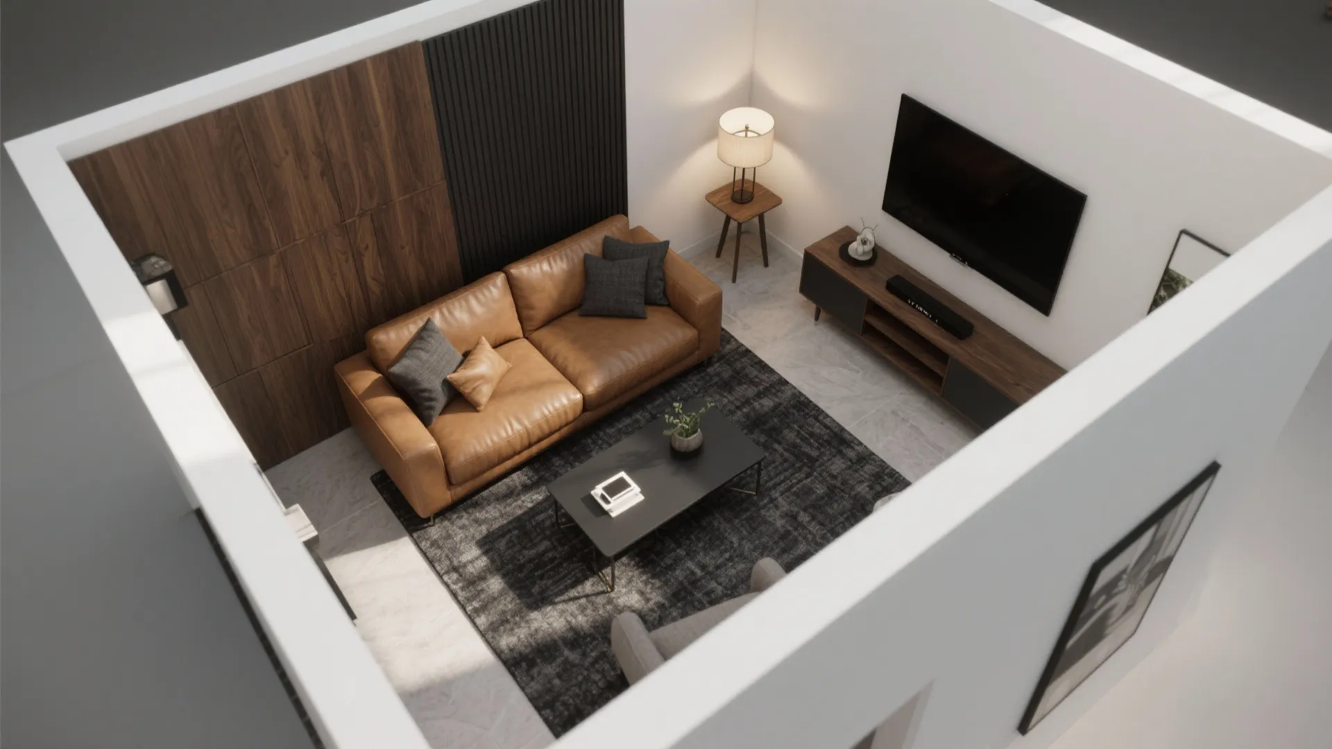 Interior design drawing of a small living room with leather sofa wooden cabinet and black rug