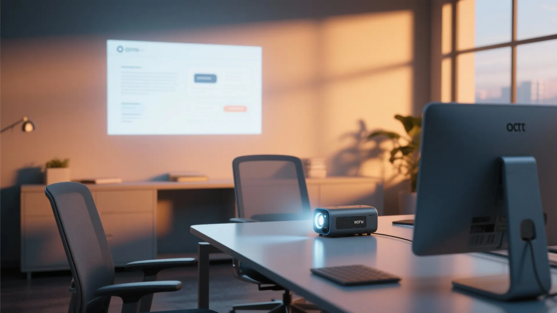 Small projector on office table showing light on wall in a modern room with chairs