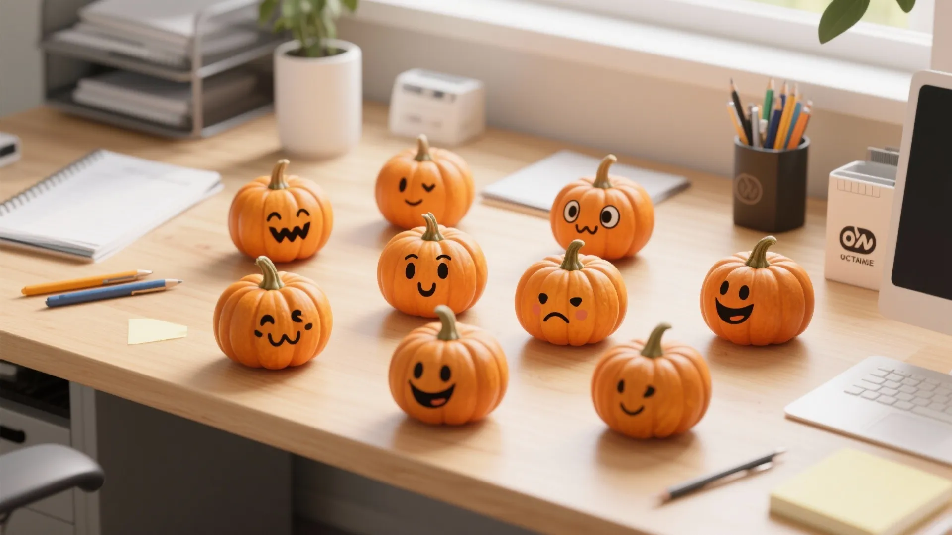 Mini pumpkins with various facial expressions on office desk