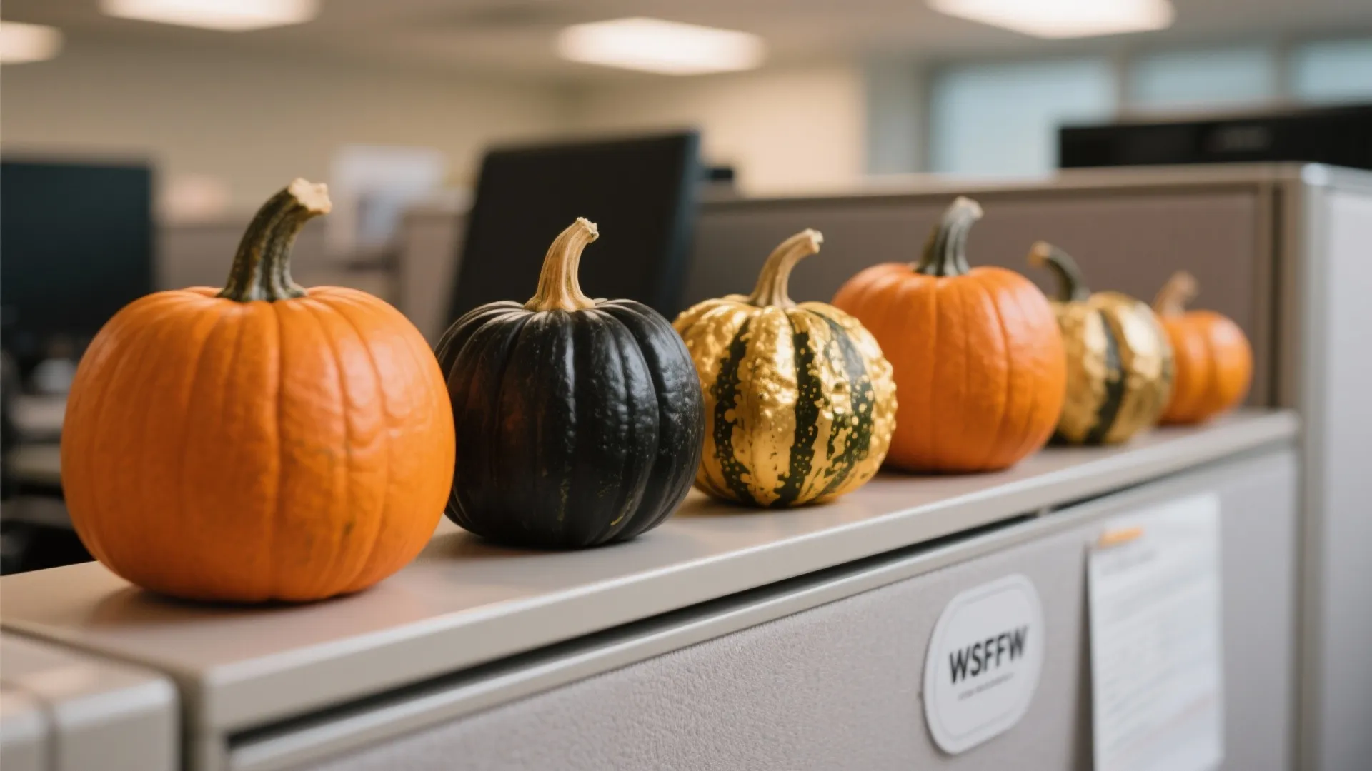 Row of colorful orange black and gold pumpkins lined up on top of office cubicle
