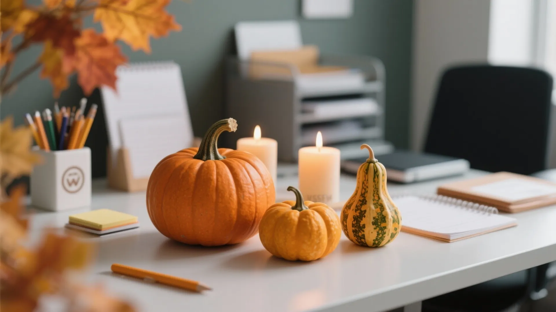 White office desk with orange pumpkins lit candles notebook pencil and autumn leaves in workspace