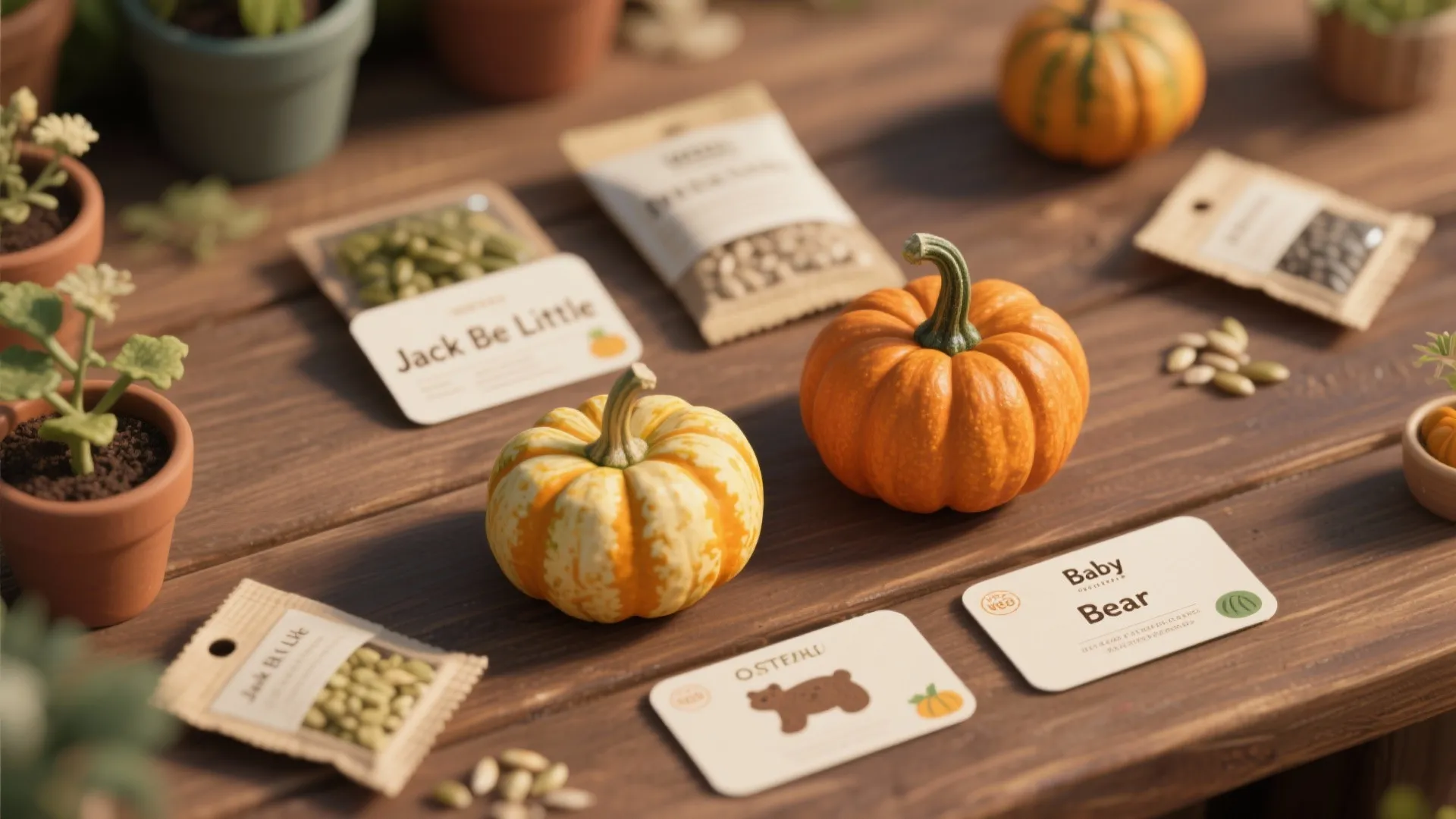 Small pumpkins and seed packets organized on a wooden table for a garden planting project