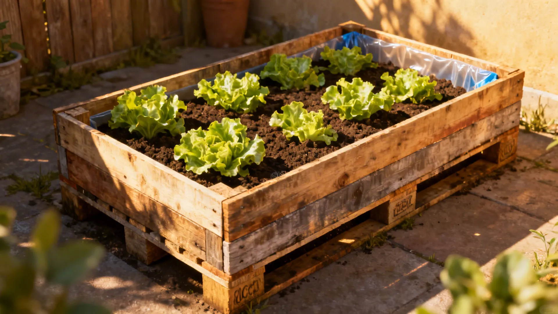 Small reclaimed-wood raised bed planted with lettuce in a courtyard, showing lined interior.
